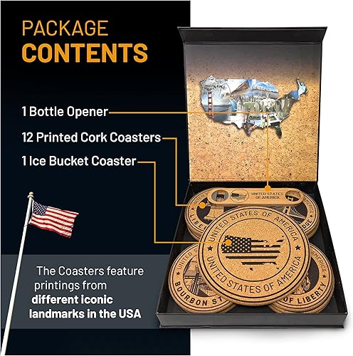 Miniatura 2 de Porta Vasos - Posavasos de corcho para bebidas absorbentes - Juego de 14 piezas - Puntos de referencia de Estados Unidos - Posavasos para bebidas y