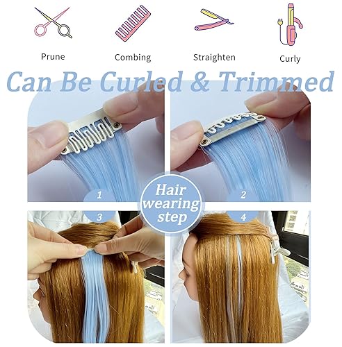 Miniatura 5 de 16 extensiones de cabello de colores con clip para fiestas, 21 pulgadas, lacio, sintético, extensiones de cabello azul claro para niñas y mujeres,