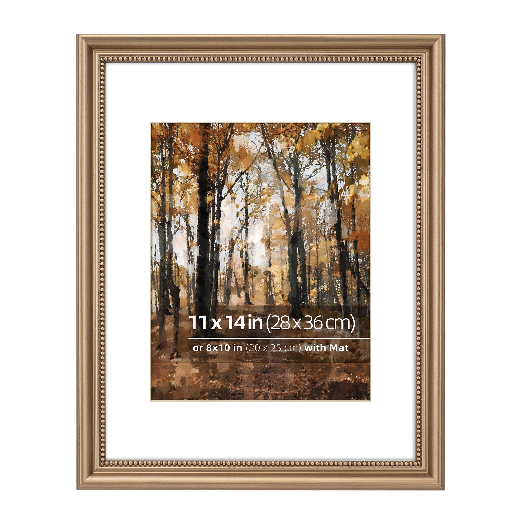 11x14 in Wood Classic Gallery Picture Frame, Ornate Beaded Inner, Matted for 8x10 Photo, Vertical or Horizontal Display, Glass Cover, Antique Champagne Brass