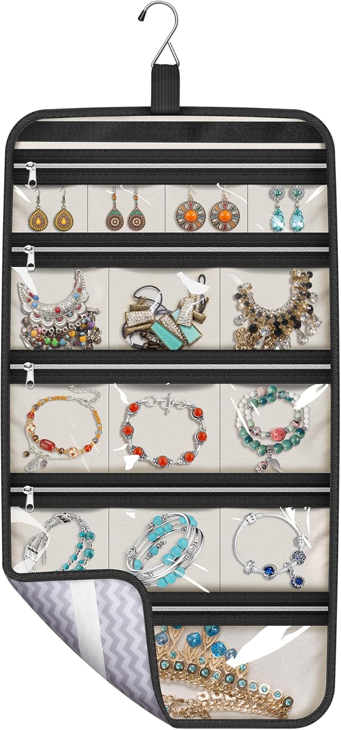 MISSLO Hanging Jewelry Organizer Travel Foldable Jewelry Roll Storage Case with 14 Cotton Zippered Pockets for Traveling, Closet, Suitcase MISSLO Hanging Jewelry Organizer Travel Foldable Jewelry Roll Storage Case with 14 Cotton Zippered Pockets for Traveling, Closet, Suitcase