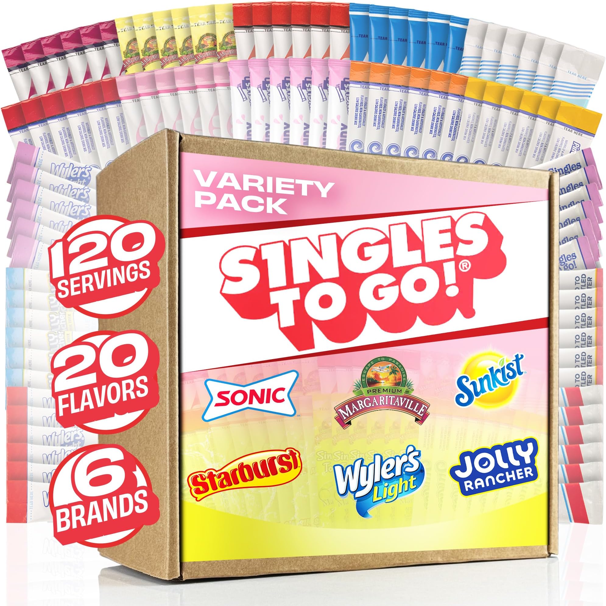 120ct Bulk Variety Pack - 20 Different Flavors from Skittles, Sonic, Sunkist, Starburst and More - Sugar Free Drink Mix Packets - Sugar Free Water Flavoring Packets