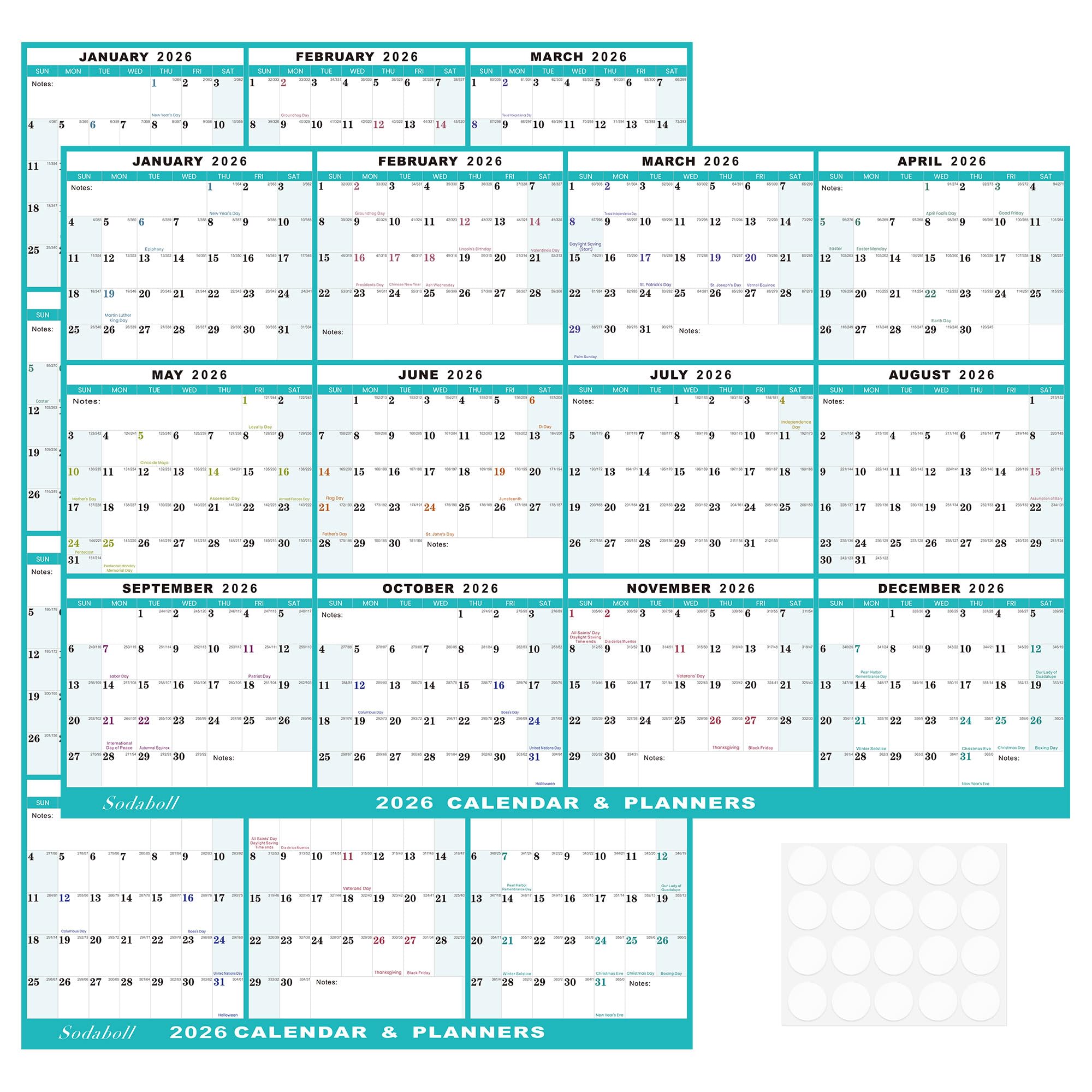 24" x 36" 2026 Wall Calendar, Folded Wet & Dry Erase Wall Calendar 12 Month, Annual Yearly Planner Yearly Laminated Calendar 2026 Horizontal/Vertical, with Julian Dates