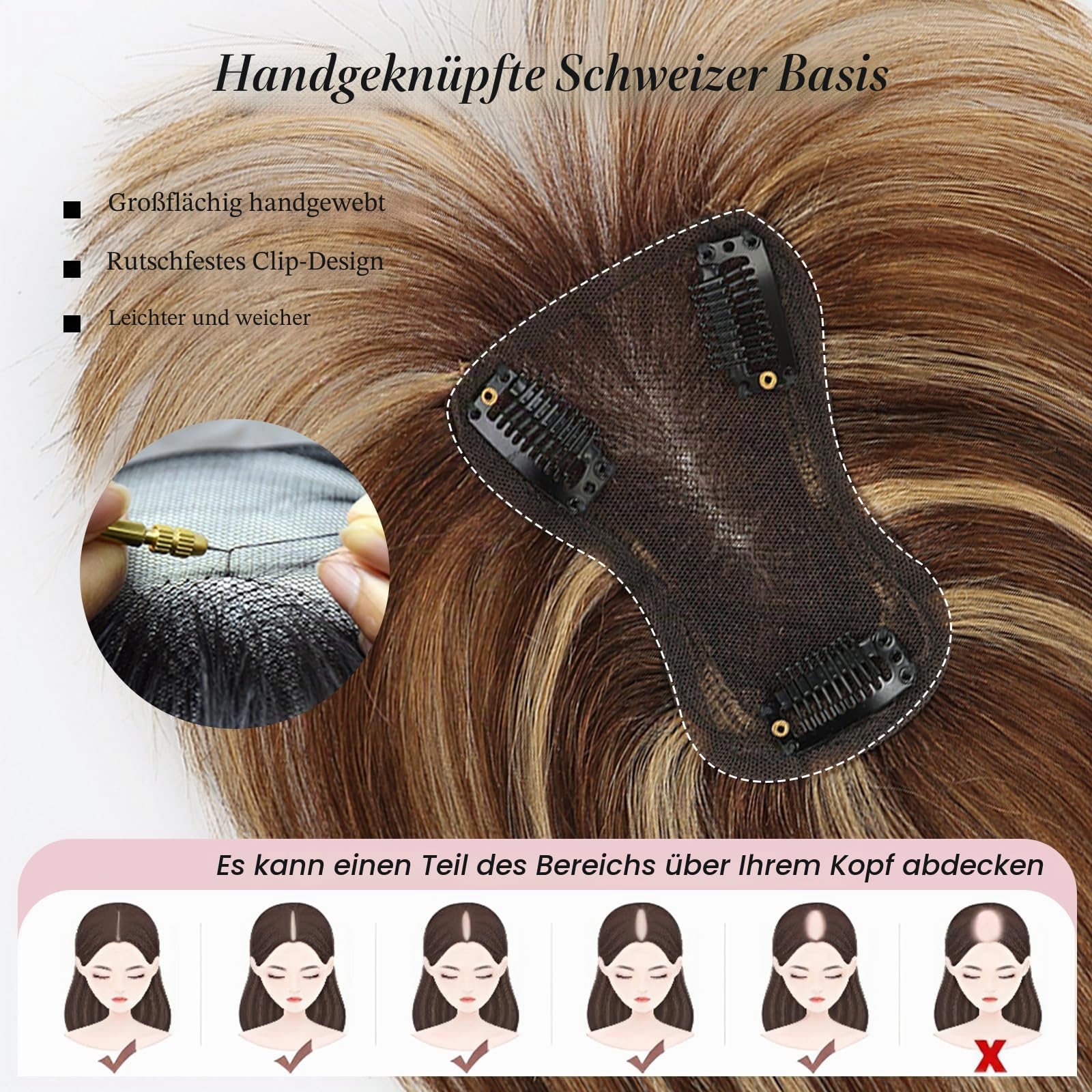EMMOR 10 Zoll Echthaar Haarteil für Frauen – Verbesserte Schweizer Spitzenbasis mit 3 rutschfesten Clips, 4,5" x 3" Clip-in Pony für dünner werdendes Haar(Ombre Braun mit blonden Strähnen)