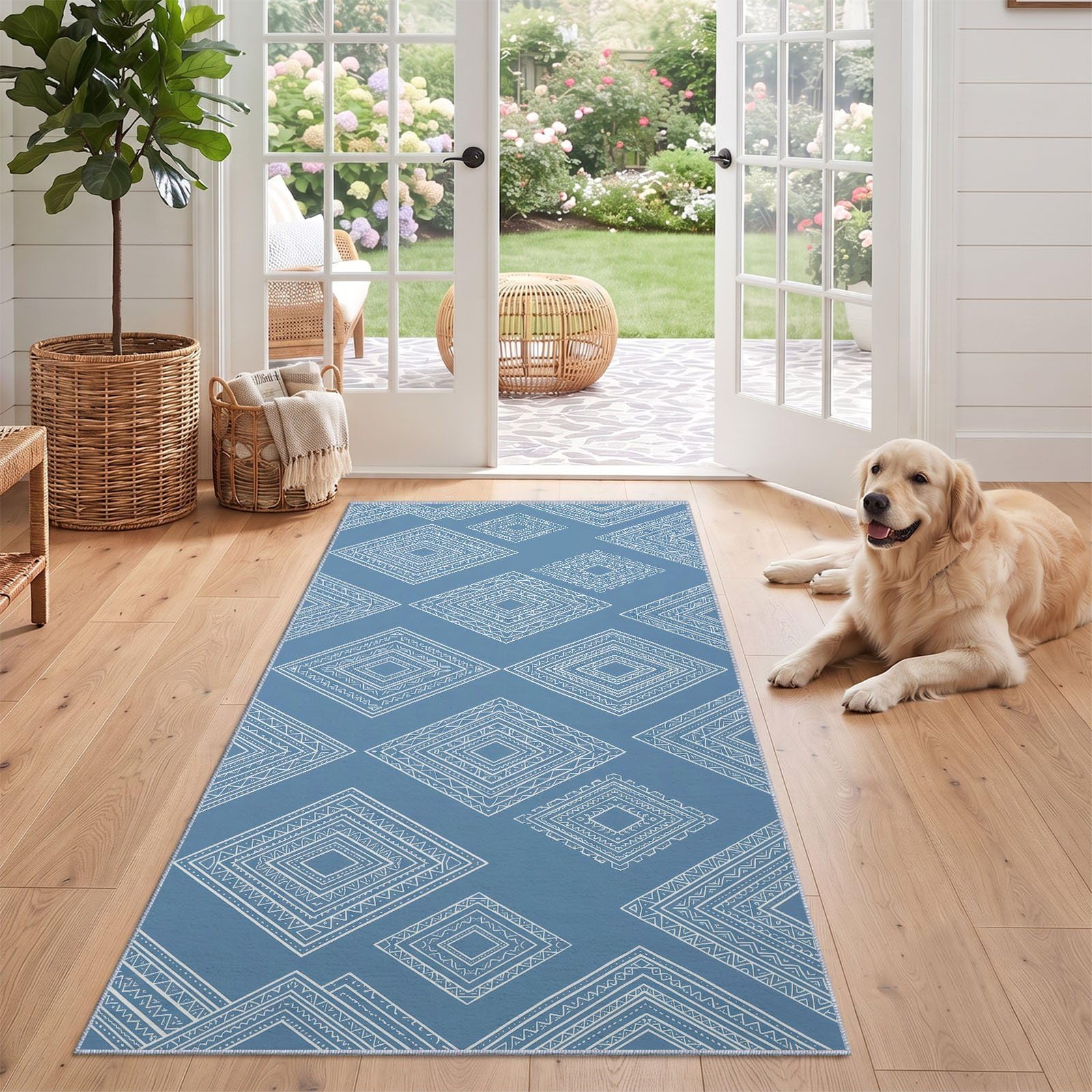 Skandynawski geometryczny chodnik do salonu, 80 x 240 cm, chodnik do przedpokoju, antypoślizgowy, długi, niebieski, biały, niski runo, dywan do wnętrz, nadaje się do prania, dywanik do sypialni, 80 x