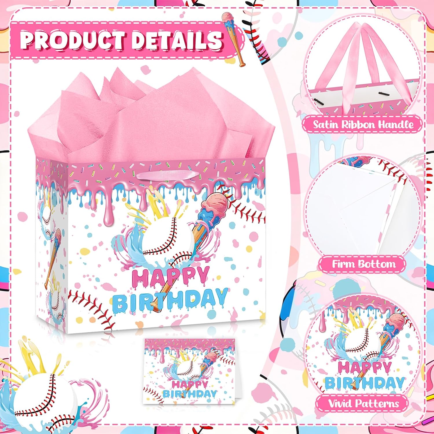 Baseball Drip Gift Bag Large Softball Ice Cream Birthday Gift Bag with Tissue Paper Greeting Card Pink Ice Cream Sport Themed Goodie Bags for Girls Women Kids Baseball Softball Themed Party Supplies