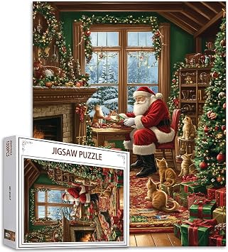 Christmas Eve Santa Claus Home Jigsaw Puzzle 1000 Pieces Puzzles for Adults, Merry Christmas Art Jigsaw Puzzles for Challenging Family Activity Games Colorful DIY Handwork Puzzle for Home Decor Gifts
