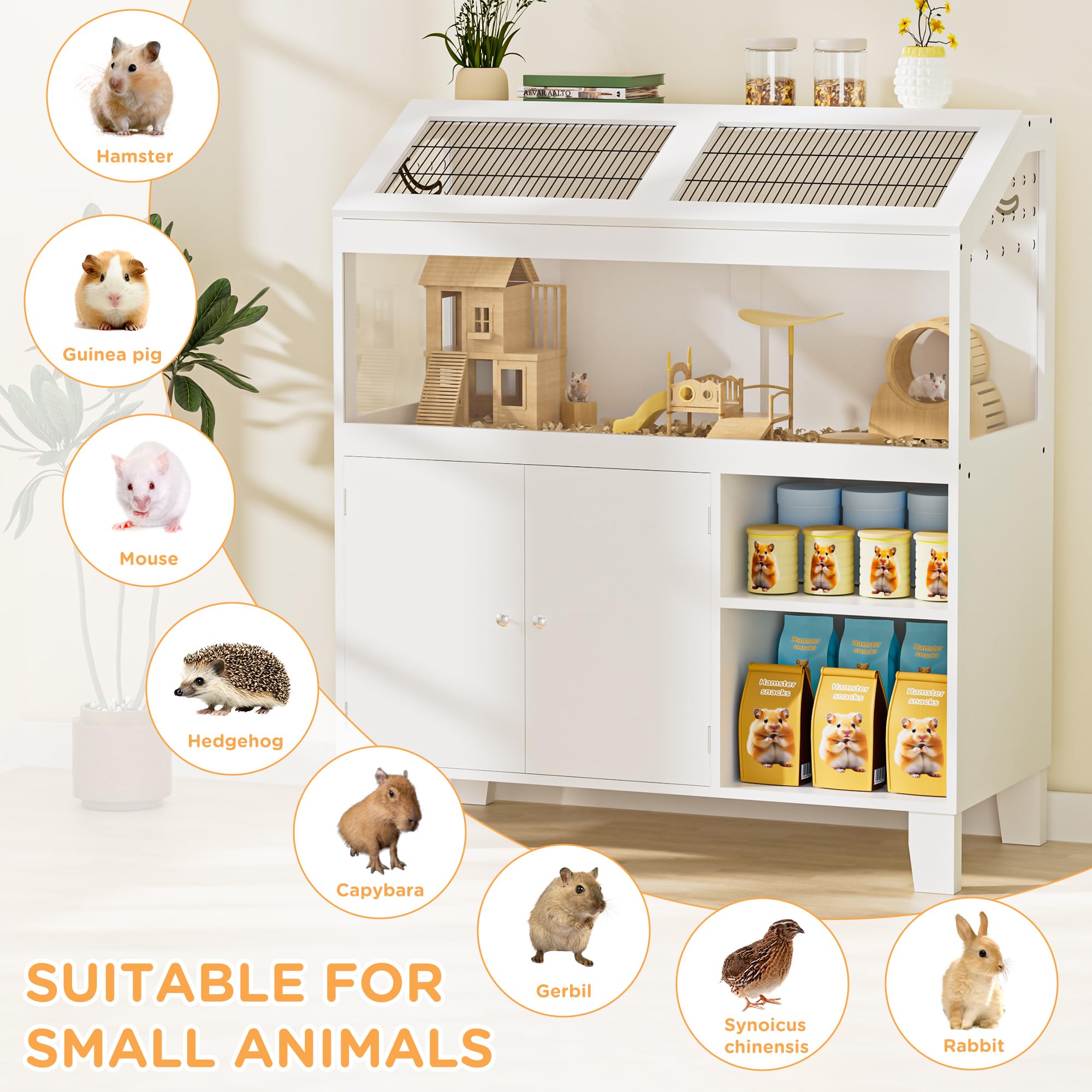 Hamster Cage, Large Hamster Cage with Storage Cabinet, Large Habitat with Easy View Acrylic Panels, Wooden Small Animal Cages for Guinea Pigs, Rabbits, Gerbils, Hedgehogs, White
