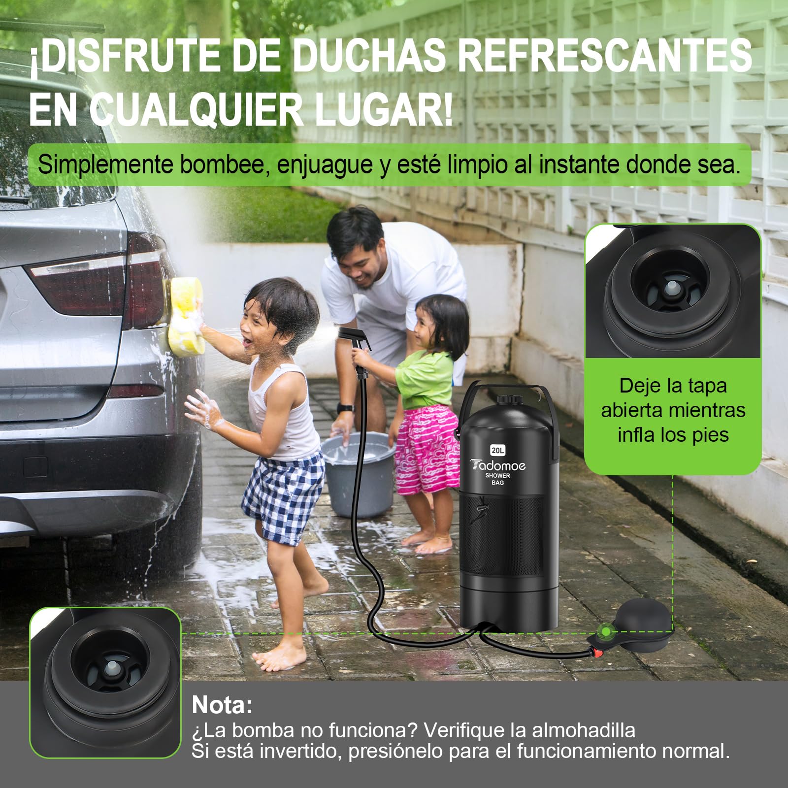 Ducha Portátil de Camping 20L con Bomba de Pie y Manguera 2m | Presión a Pie, Uso sin Colgar, Ideal para Camper, Surf, Playa, Perros, Bolsa de Transporte