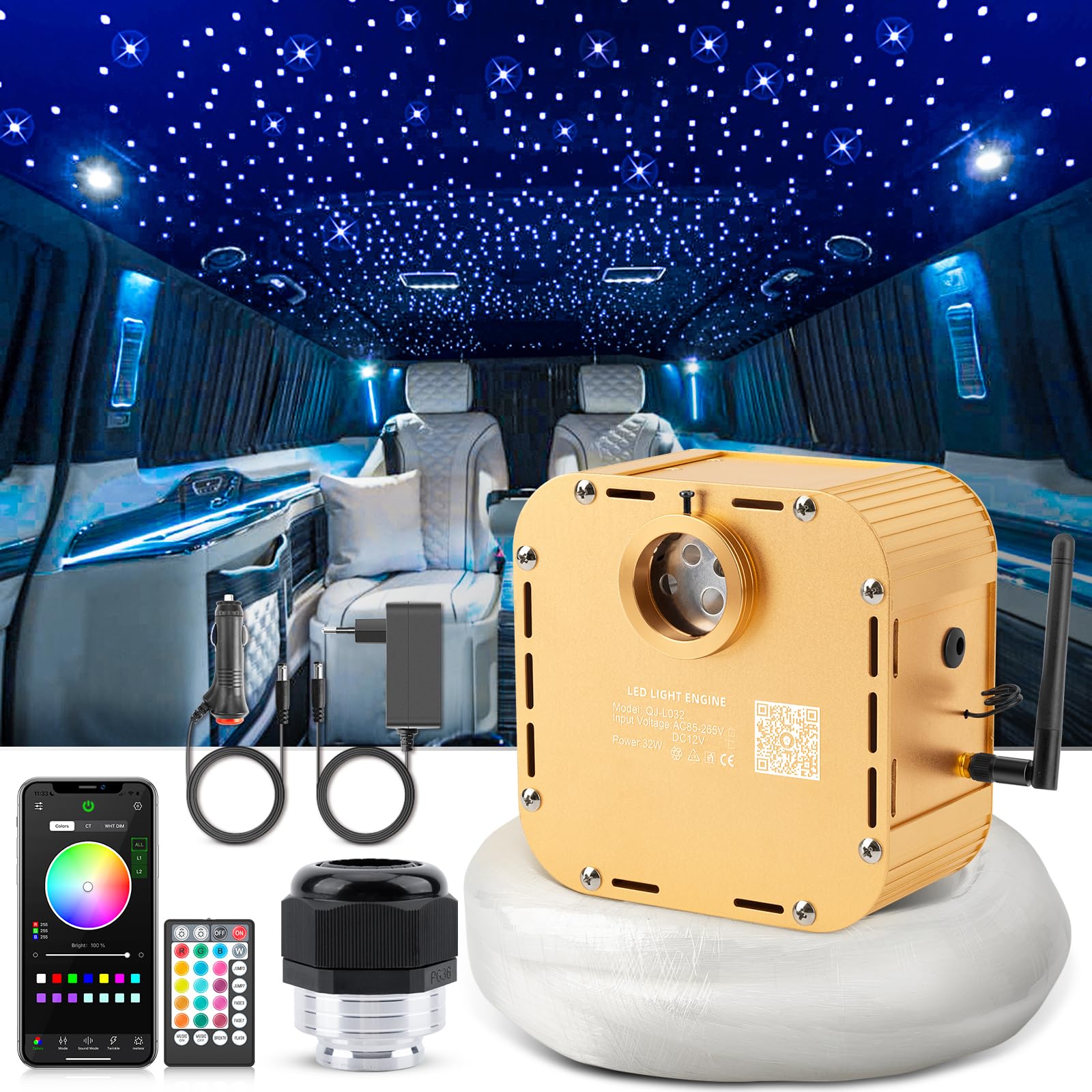 32W Twinkle RGBW Fibra Ottica, 1000pcs of (0.75+1.0+1.5mm)*4m Cielo Stellato LED Con APP Bluetooth/Remote/Controllo Musica, Fibra Ottica Cielo Stellato per Auto/Casa/Teatro