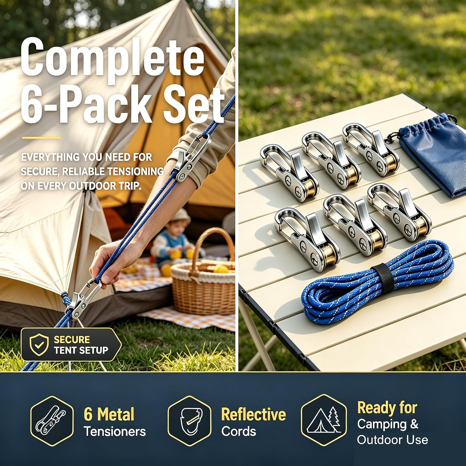 6-Pack Paracord Adjusters,Rope Tightening Tool & Tensioner,Rope with Roller Tensioner Heavy-Duty Tie Down for Camping, Tarps, Guy Lines, Boating, Cargo Bundling, & Outdoor Gear