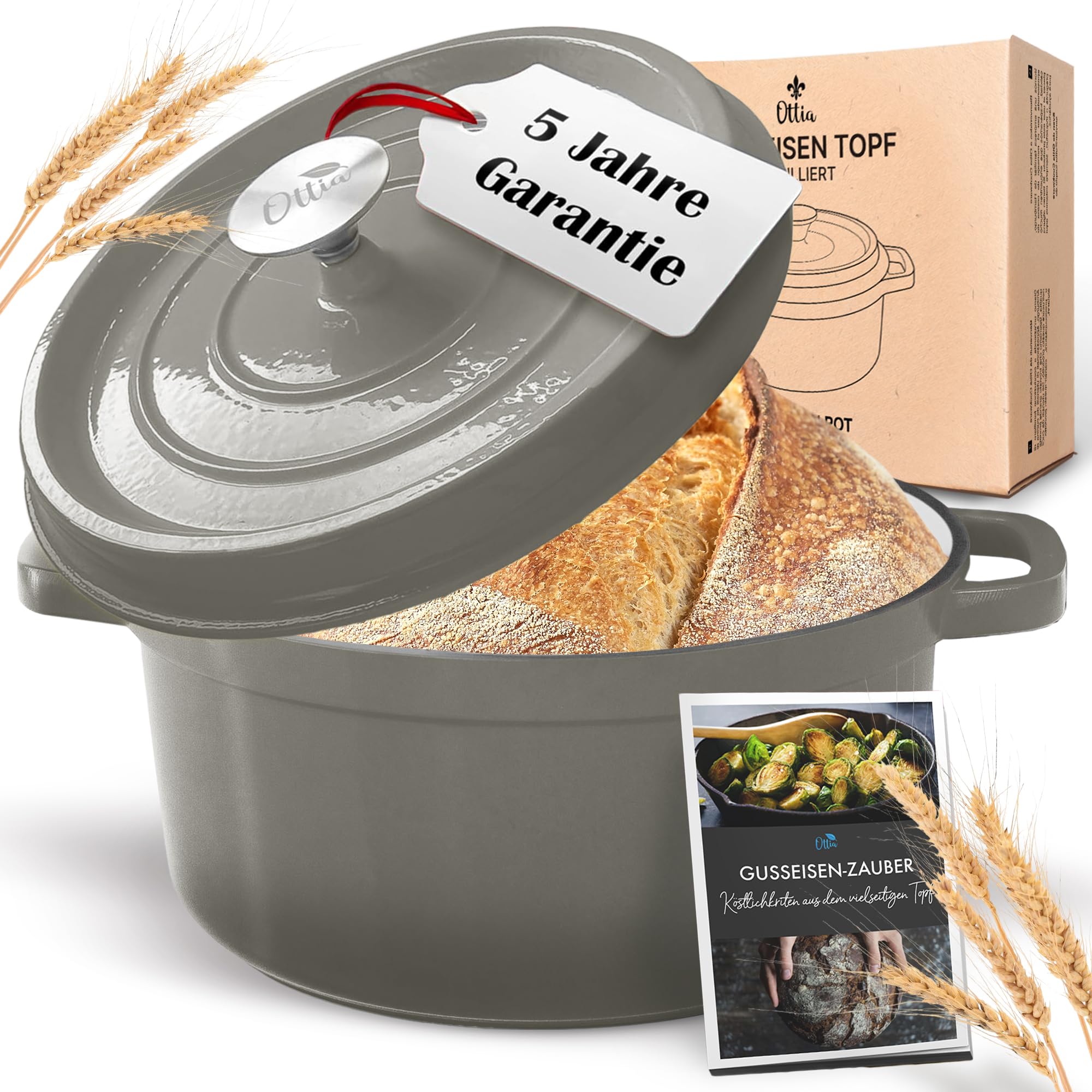 Ottia Cocotte en fonte, 26 cm, 5 litres, émail de qualité supérieure, cocotte avec couvercle, tous types de feux (y compris induction), passe au four
