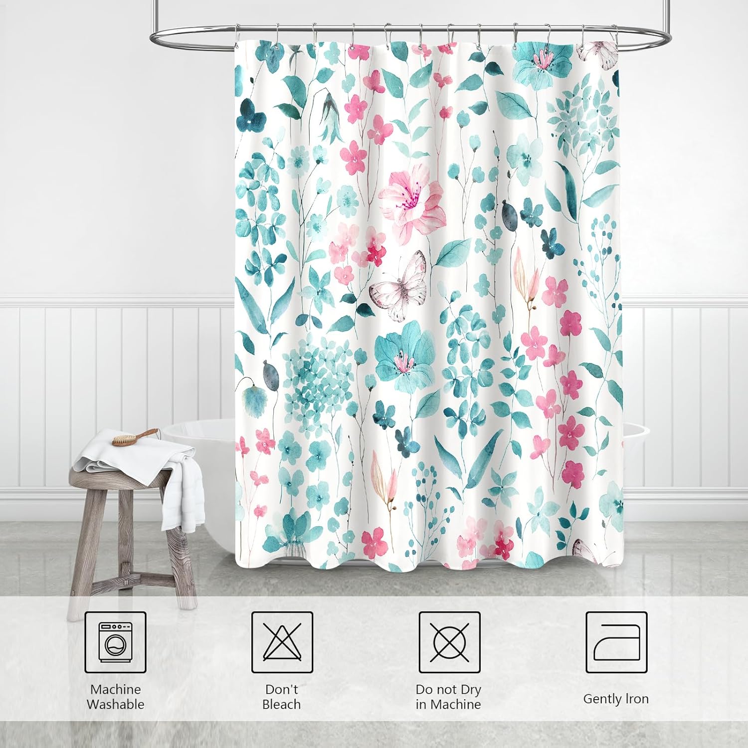 MAYZUS Extra Long Shower Curtain 72 x 96 Inch, Floor to Ceiling X-Long Teal Pink Floral Shower Curtains, Watercolor Flower Butterfly Fabric Shower Curtain Set with Hooks