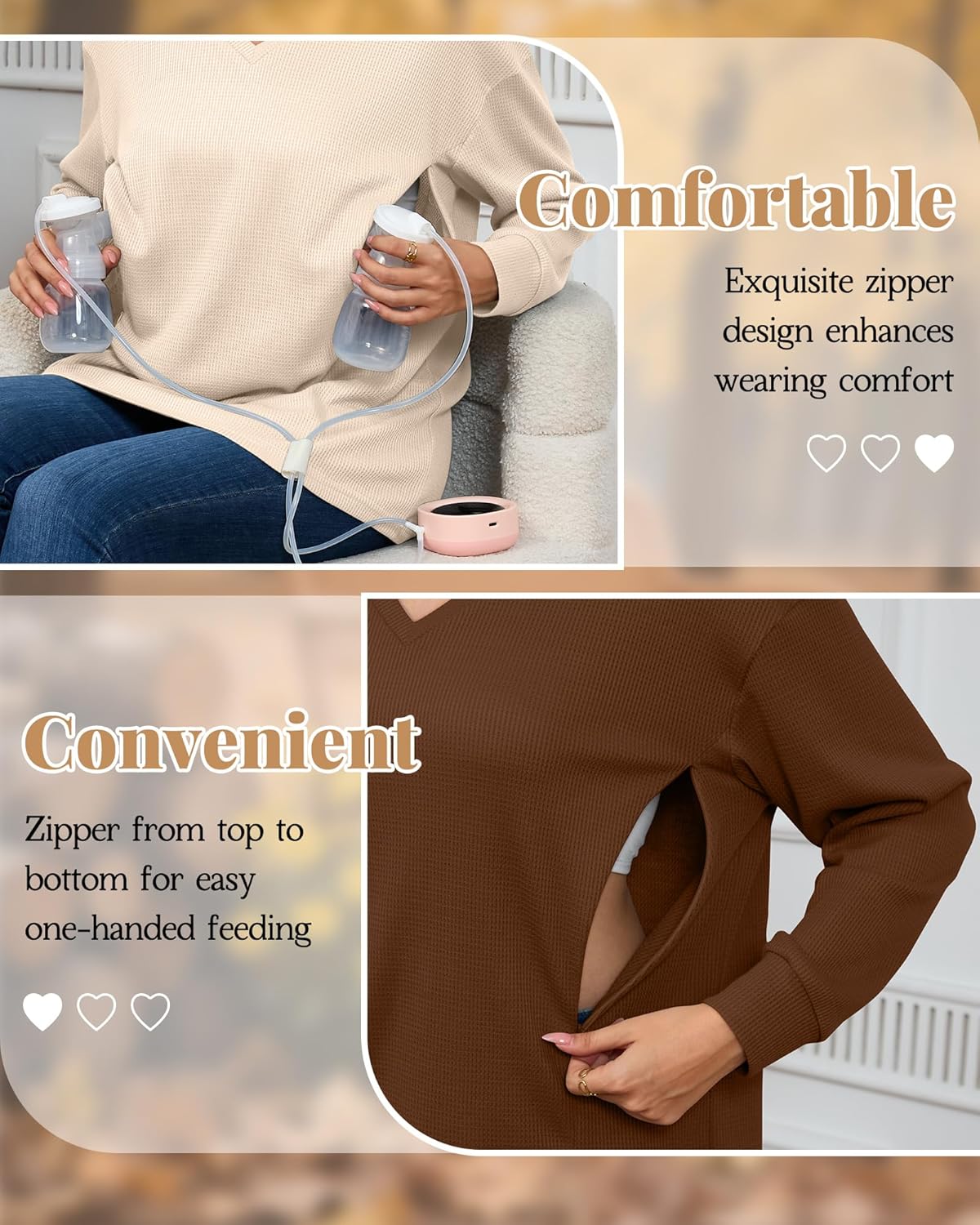 3 Pack Women's Oversized Nursing Tops Waffle Knit V Neck Breastfeeding Long Sleeve Shirts Hidden Zipper Sweatshirt - Image 3