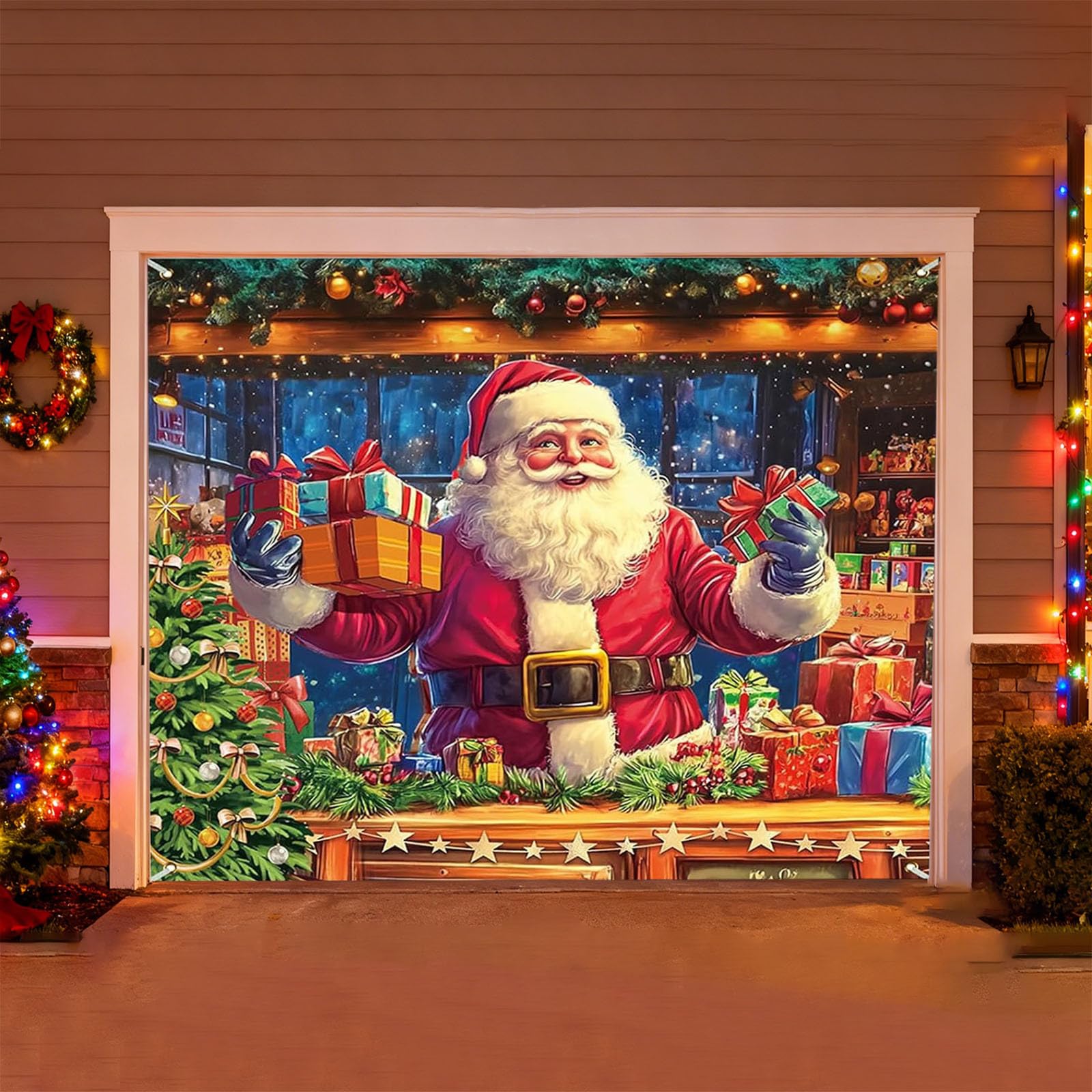 Cubierta para puerta de garaje mejorada de 7 x 8 pies con diseño de Papá Noel