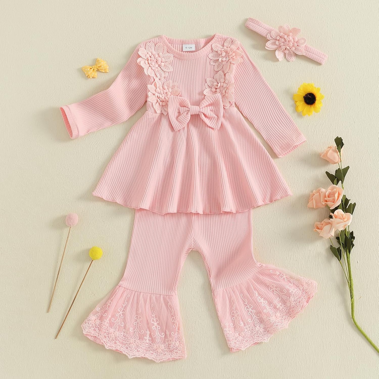 Baby Girl Fall Outfits Toddler Girl Clothes Flower Dress Lace Dresses Bow Sweatshirt Flared Pants Clothing Set - Image 3