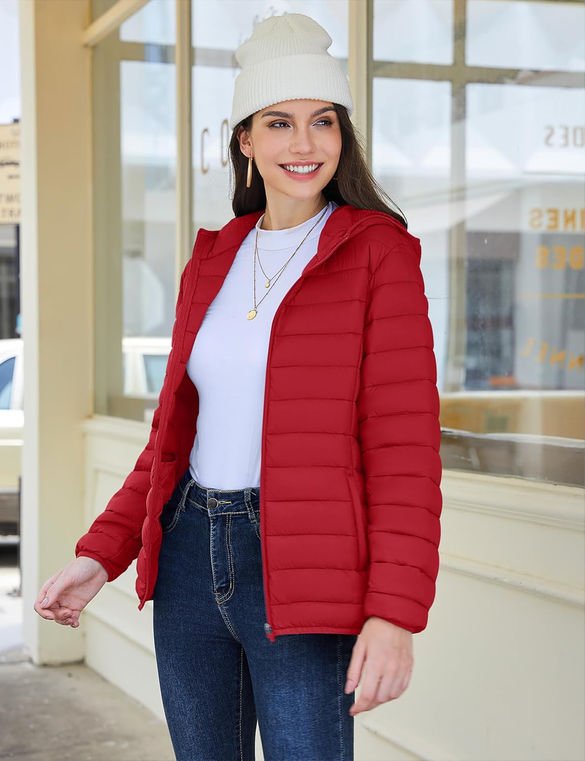 YUCOLEN Women's Puffer Jacket with Hood Lightweight Quilted Padded 4 Pockets Zip-up Coat Winter Jackets for Women - Image 5