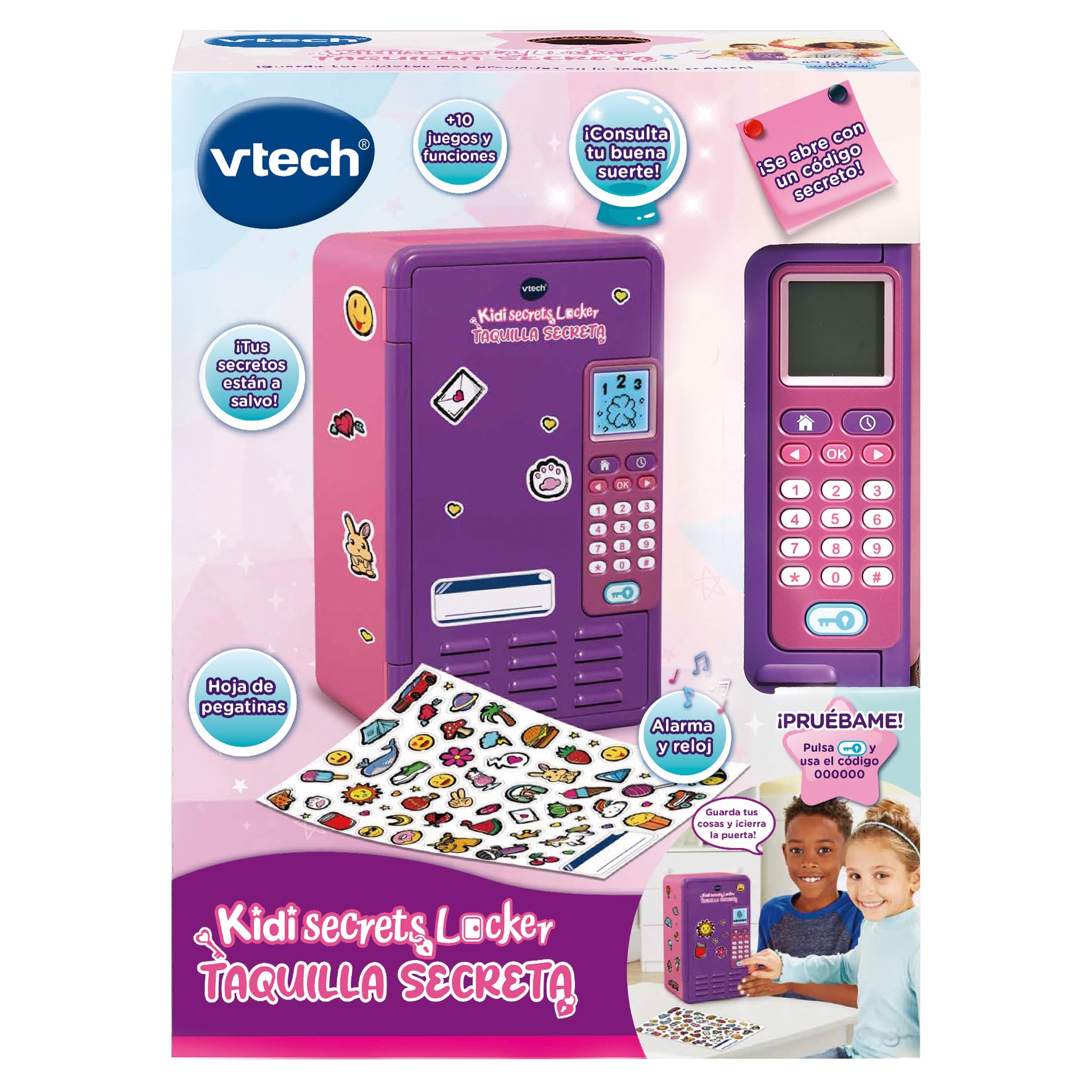 VTech - KidiSecrets Locker Taquilla Secreta, Caja Fuerte con código Secreto, Joyero niños, Personalizable, Pantalla LCD, Música, Alarma, Juguetes Electrónicos, Color Morado, Versión ESP
