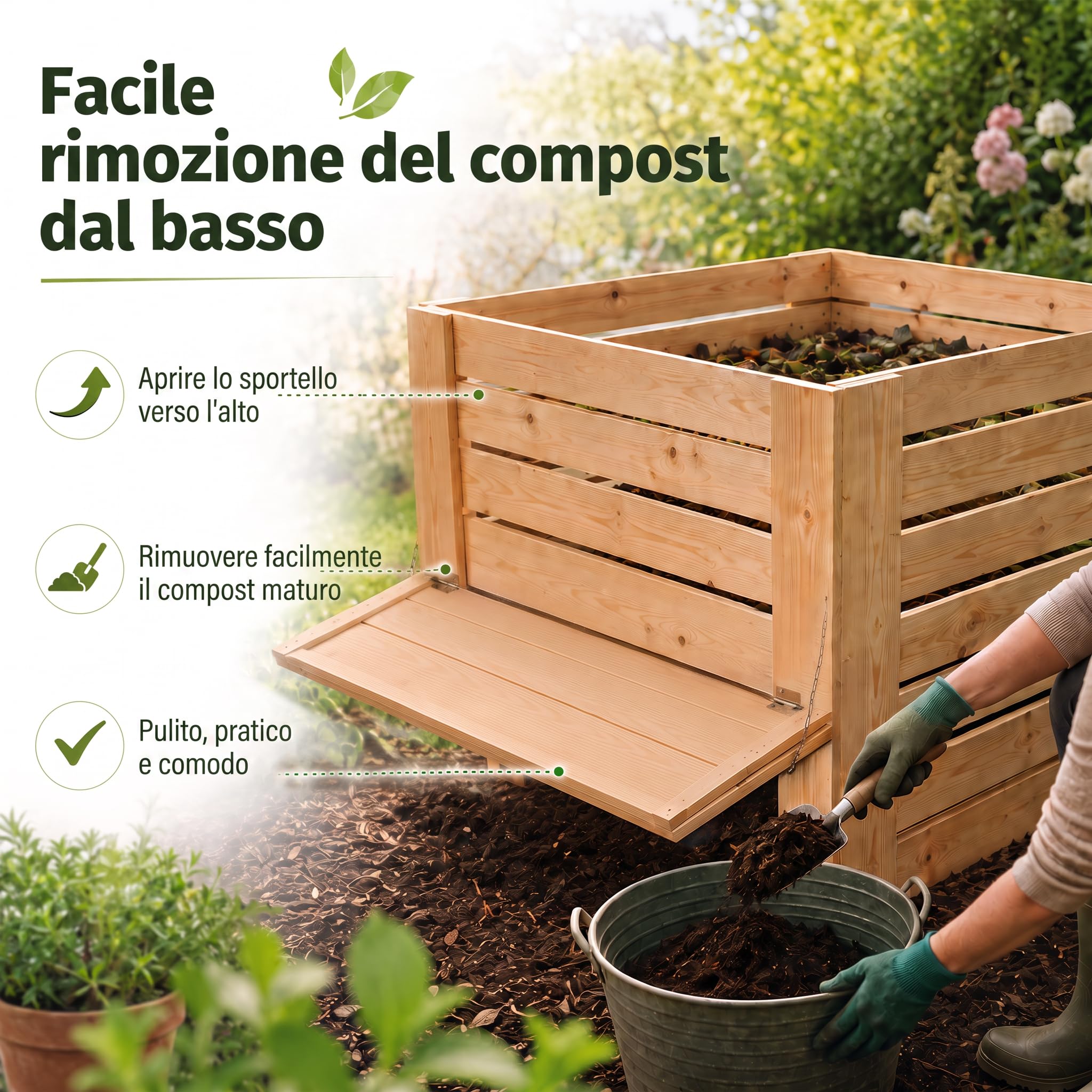 VELORA H&L Compostiera 512 L - Compostiera da Giardino in Legno Naturale con Sportello Inferiore, Compostiera per Scarti Vegetali e Organici