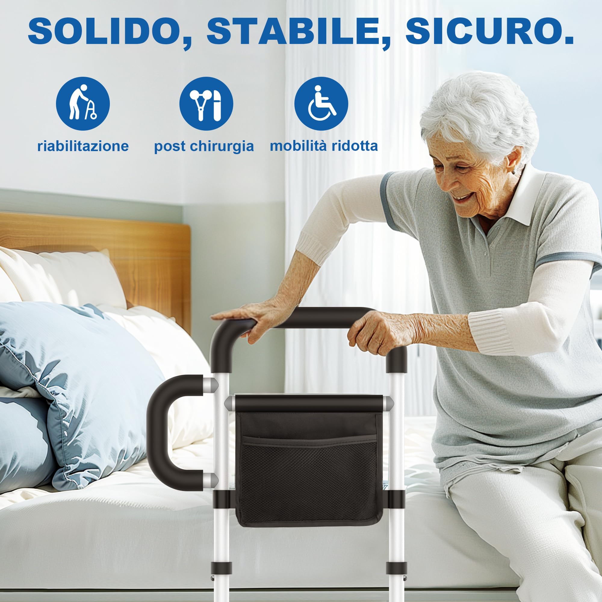 Sponda Letto Anziani con Braccioli Rimovibili–Sponde Letto Anziani con Cinghie di Fissaggio,Borsa Portaoggetti,Adatto a Letti King/Queen/Full/Twin,Supporto Medio fino 160 kg