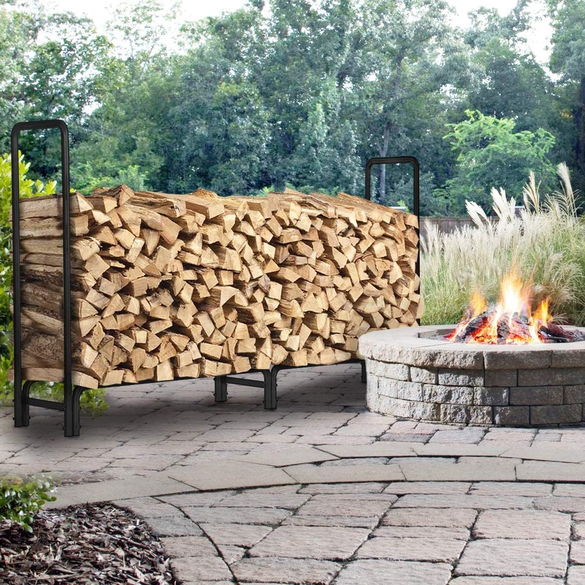 AKSG 8ft Firewood Rack Outdoor Heavy Duty Log Rack Firewood Storage Rack Fire Wood Rack Holder Steel Tubular for Indoor Outdoor Fireplace Tool for Patio Deck Log Storage Stand