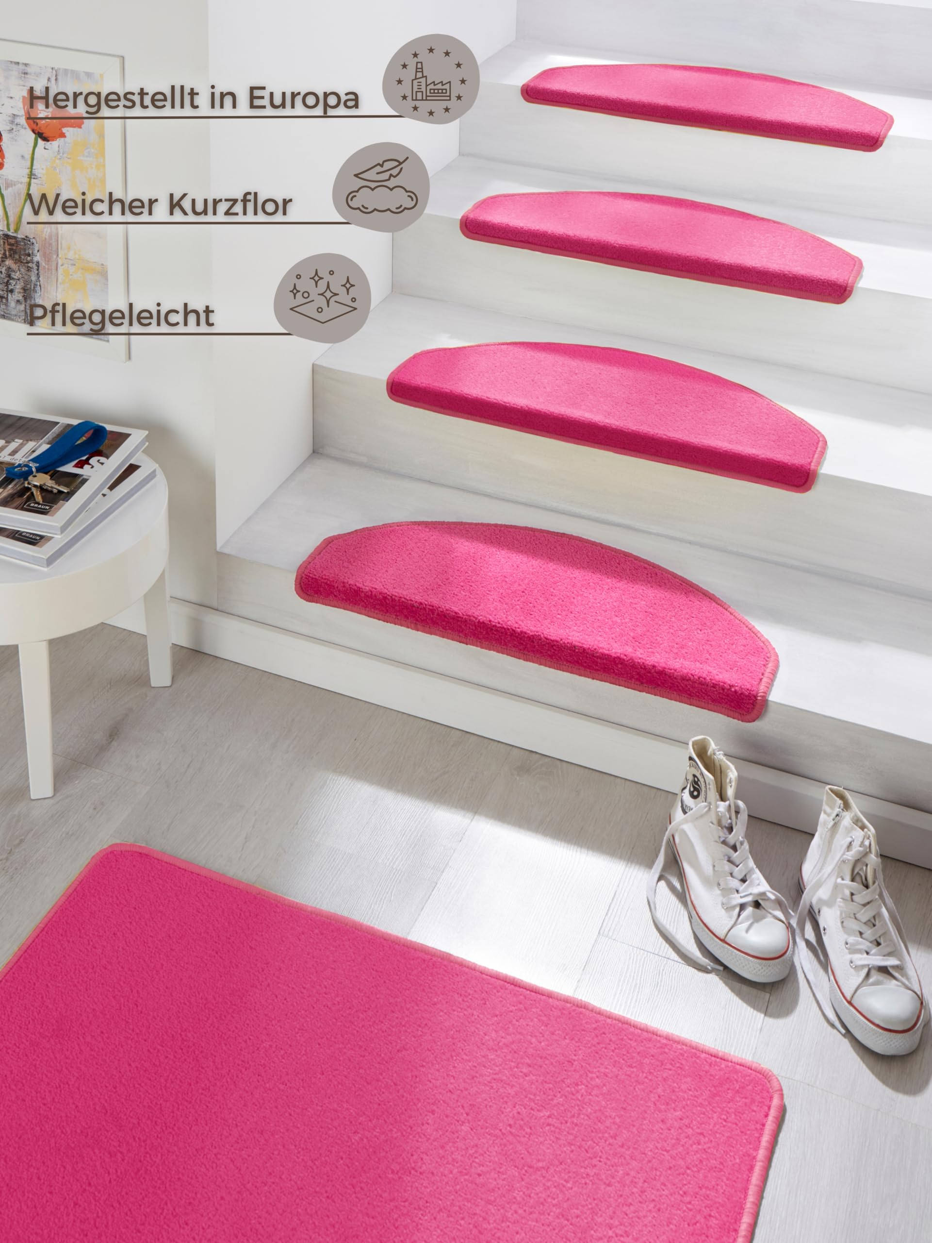 Hanse Home Stufenmatten Fancy – Treppen-Teppich Treppenmatten Selbstklebend Sicherheit Stufenteppich halbrund für Treppenstufen – Pink, ca. 23x65cm 15 Stück