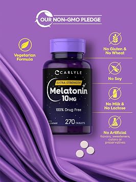 Carlyle Melatonin 10mg | 270 Tablets | with L-Theanine | Vegetarian, Non-GMO, Gluten Free Supplement