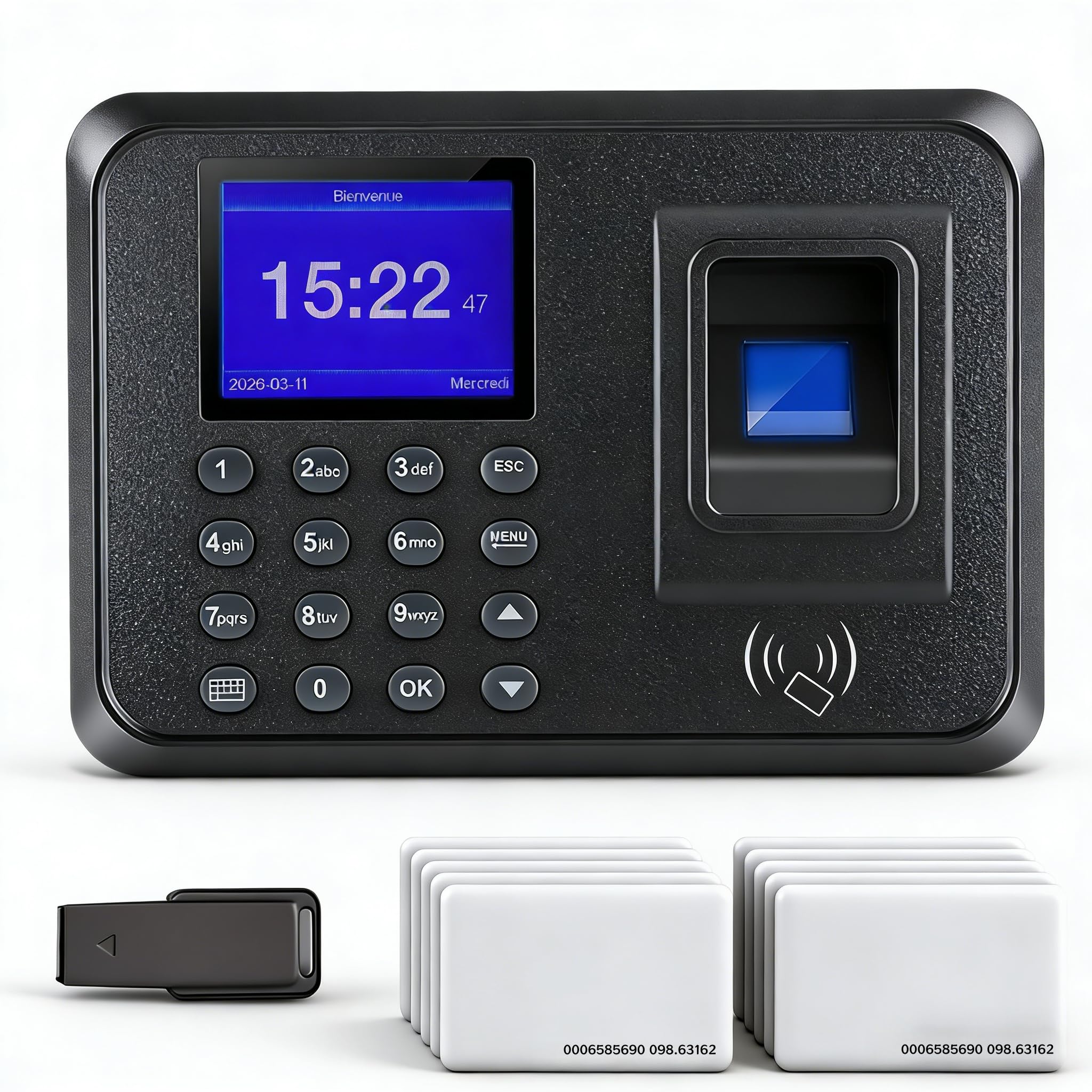 Pointeuse Horaire Biométrique pour Petites Entreprises – 3-en-1: Empreintes Digitales, Badges RFID (10), Code PIN – sans WiFi, 0 Frais Mensuels – Horloge de Pointage pour Personnel