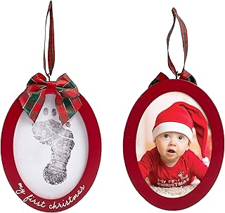 Pearhead Babyprints Double-Sided Christmas Ornament, First Holiday Keepsake Frame with Clean-Touch Ink Pad, Newborn Handprint Footprint Kit, Infant Photo Decoration, Red