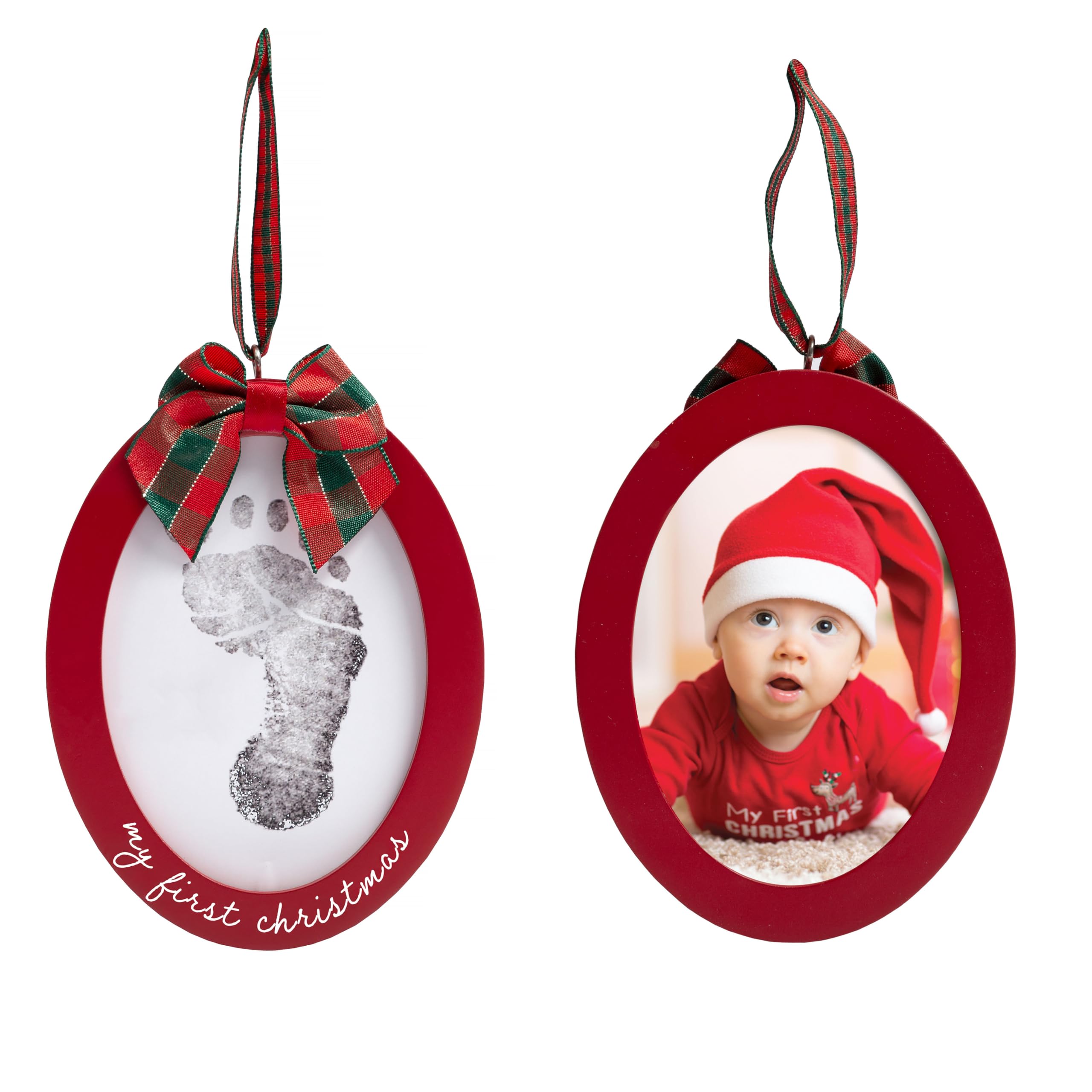 PearheadBabyprints Double-Sided Christmas Ornament, First Holiday Keepsake Frame with Clean-Touch Ink Pad, Newborn Handprint Footprint Kit, Infant Photo Decoration, Red