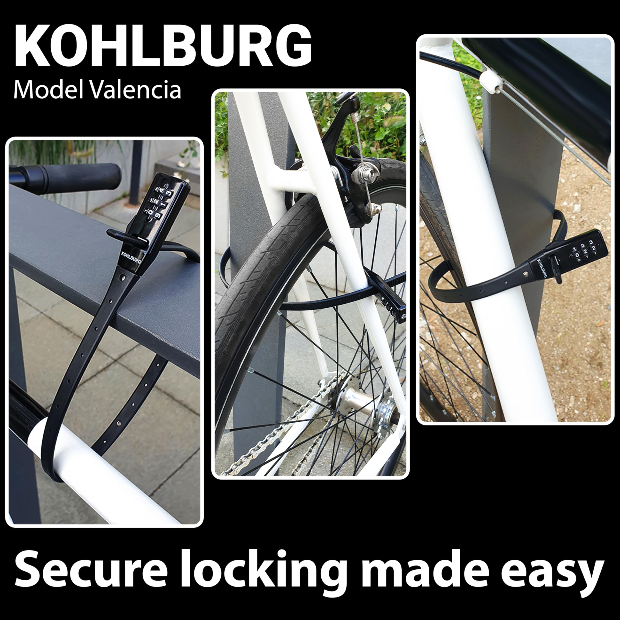 KOHLBURG zamek szyfrowy, 70 g, 50 cm | Wyjątkowo lekki, mały, bezpieczny, typu opaska zaciskowa do rowerów, hulajnóg, skuterów, kasków, nart, dla dzieci