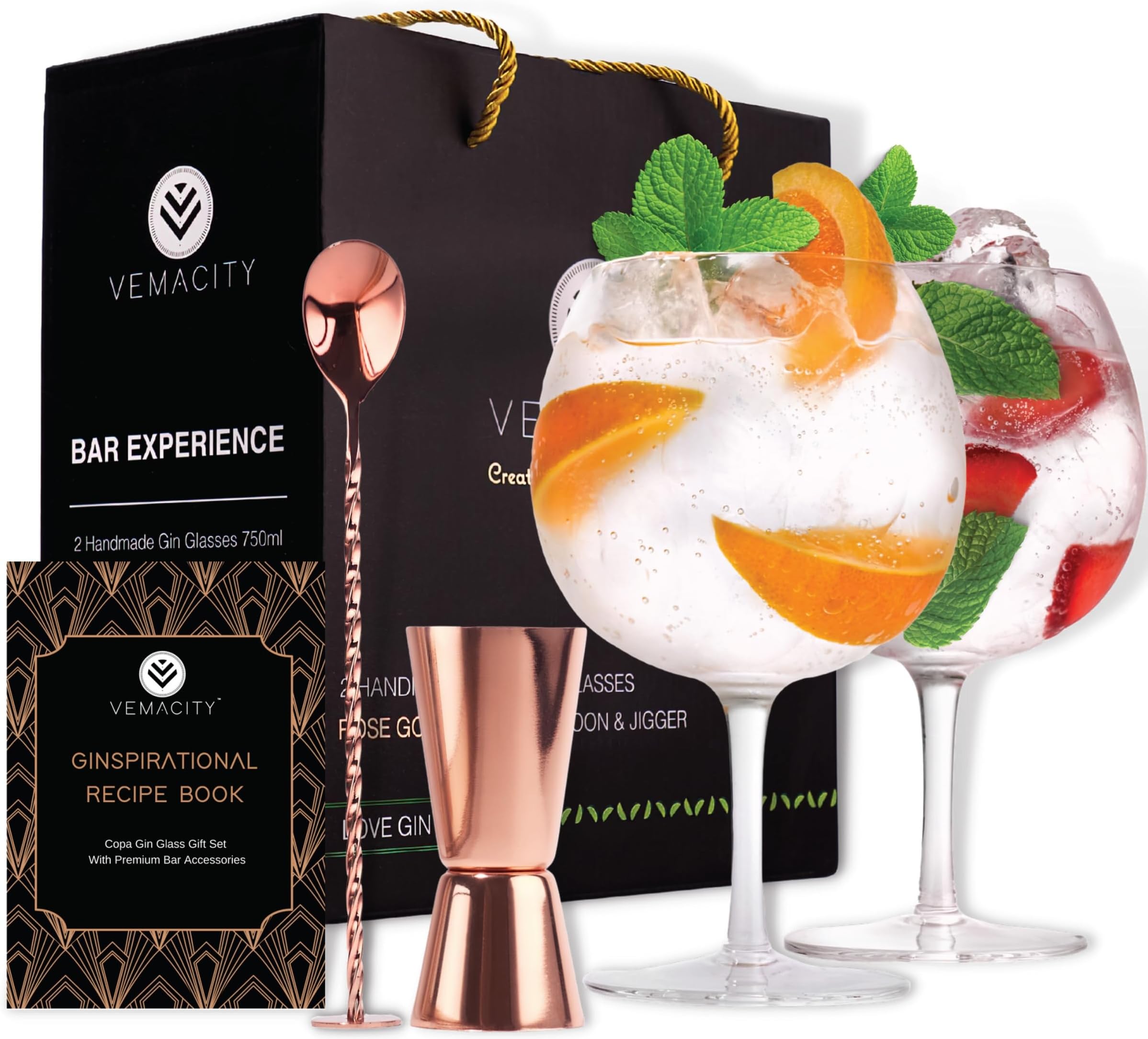 Vemacity Crystal Gin Glasses Set of 2 | Handmade Gin Glass Gift Set | Rose Gold Cocktail Spoon, Spirit Measure & Recipe e-Book (PDF) | Aperol Spritz Glasses | Cocktail Glasses | Stylish Gift Box