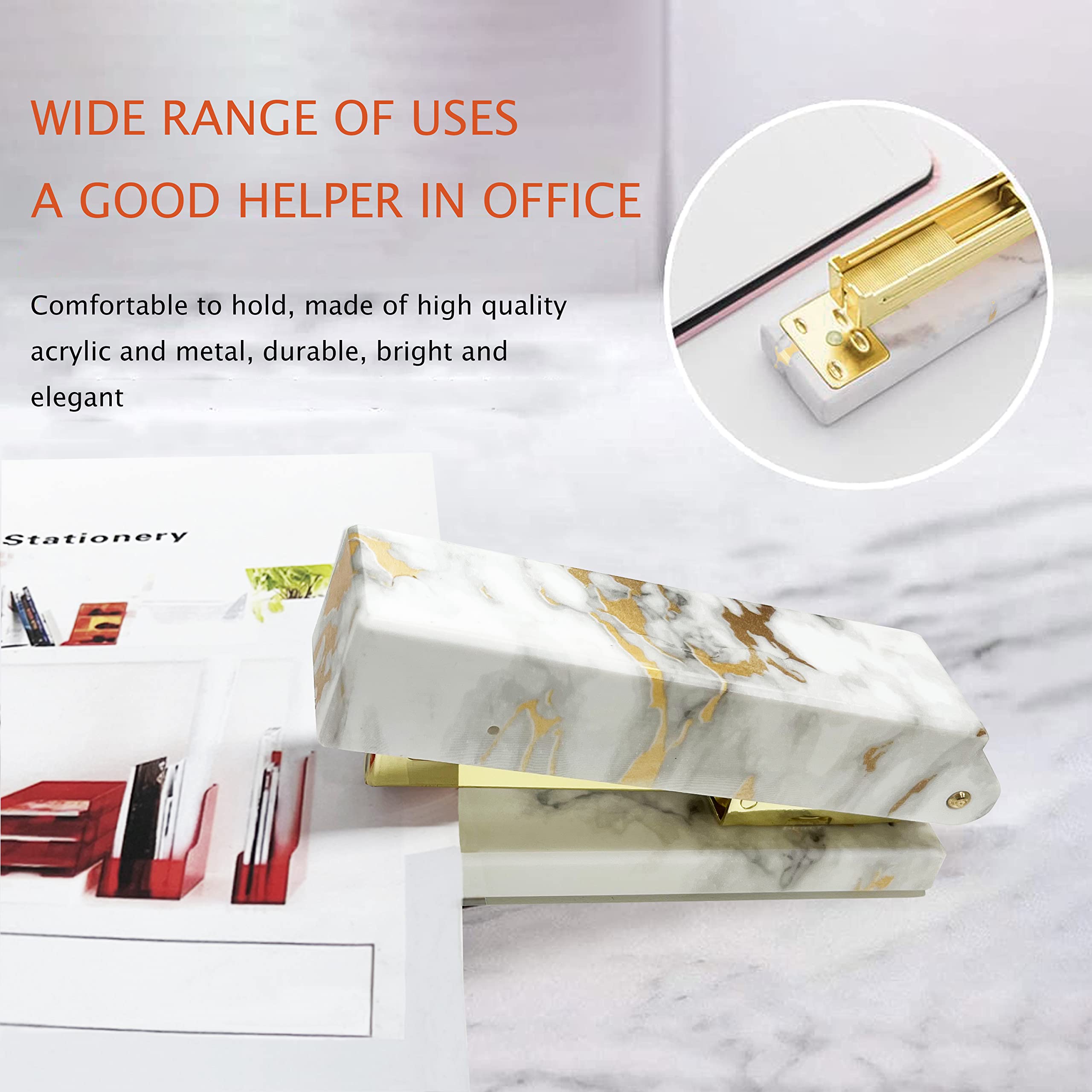 Gold Marble Schreibtisch Zubehör, Bürobedarf Set Heftklammerentferner, Klebebandhalter, Stifthalter, 2 Kugelschreiber, Schere, Binder Clips, Büroklammern und 1000 Stück Heftklammern.