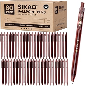 Black Pens Bulk, 60 Pack Retractable Ballpoint Pens COFFEE | Black Ink 1.0mm Smooth Writing No-Smear, Click Pens for Office, School, Cafe Use or Severs