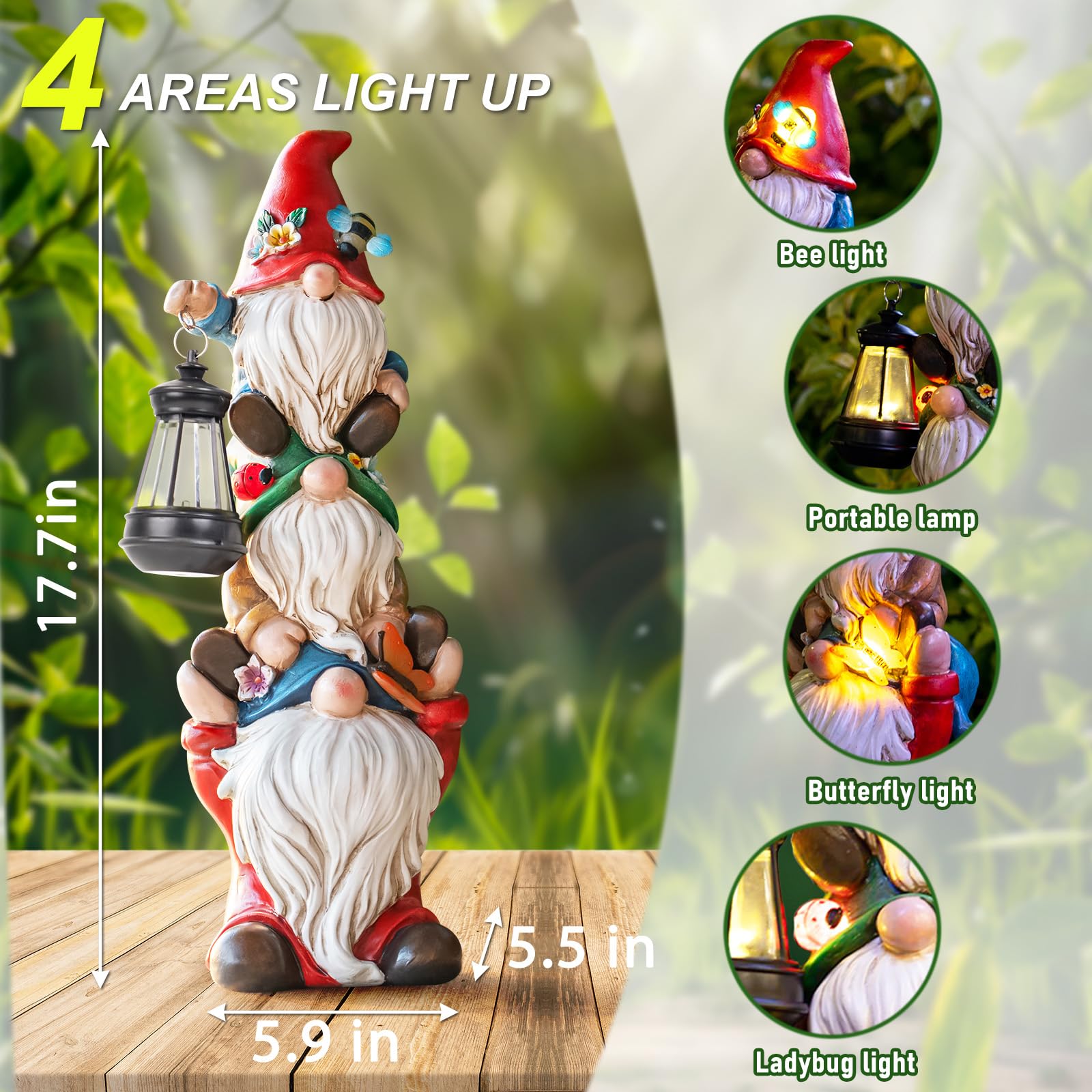 twinbling Gartenzwerg Statue mit Solarleuchten, große Skulpturen, lustiger Dreifach-Zwerg, Outdoor, Terrasse, Rasen, Hof, Balkon, Garten, Heimdekoration, Geschenke für Frauen, Mutter, 43,2 cm