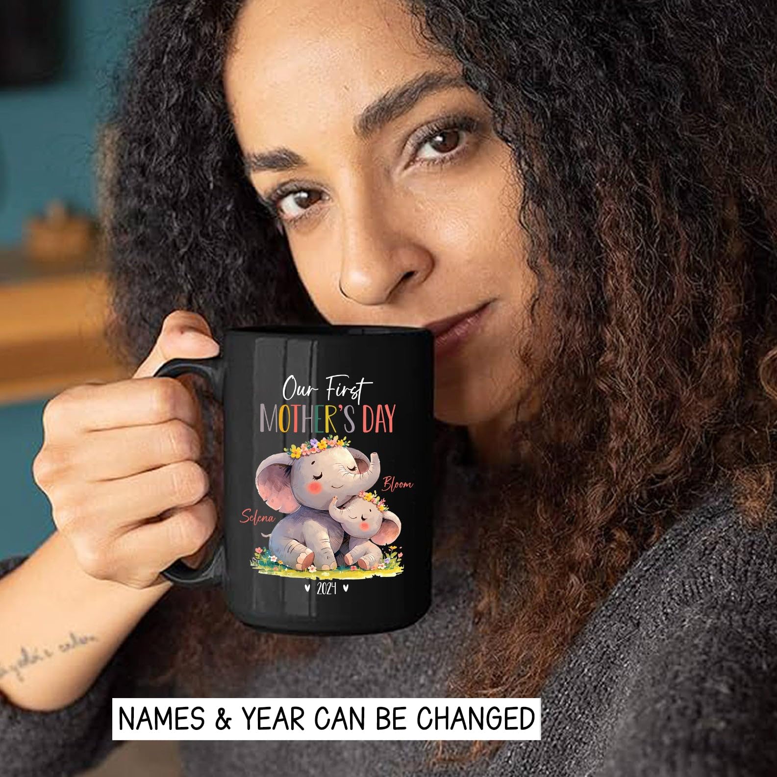 Our First Mothers Day Coffee Mug For Mummy, Personalized Mommy & Baby Elephant Cup, Elephant Animal Ceramic Mug, Custom Names Mom and Baby Elephant Mug, Gift for New Mom, Black Cup 11oz 15oz