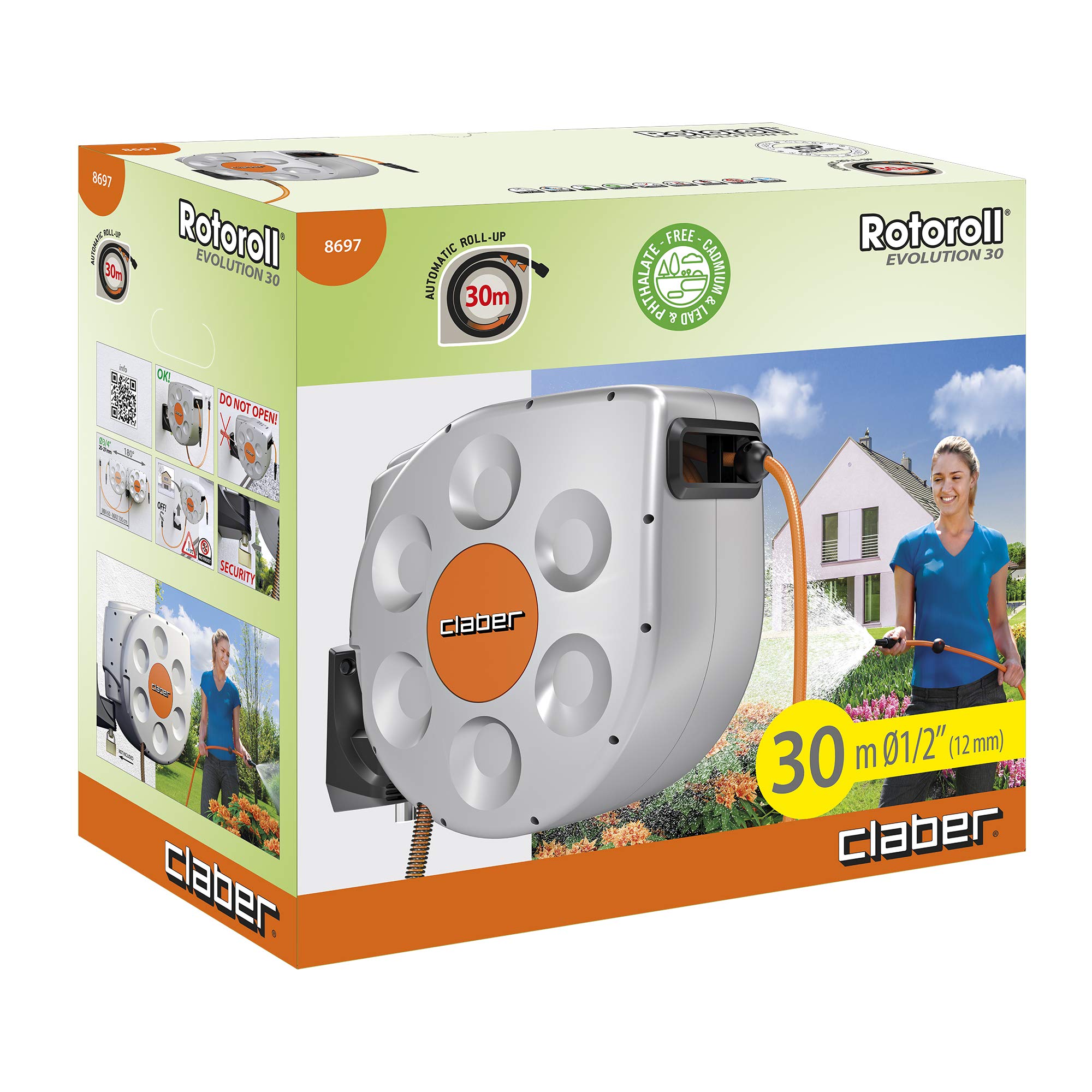 CLABER 8697 Rotoroll Evolution 30 m & 87243 BL. Pistola Precision 9561, Nero/Arancione, 150x45x210 cm