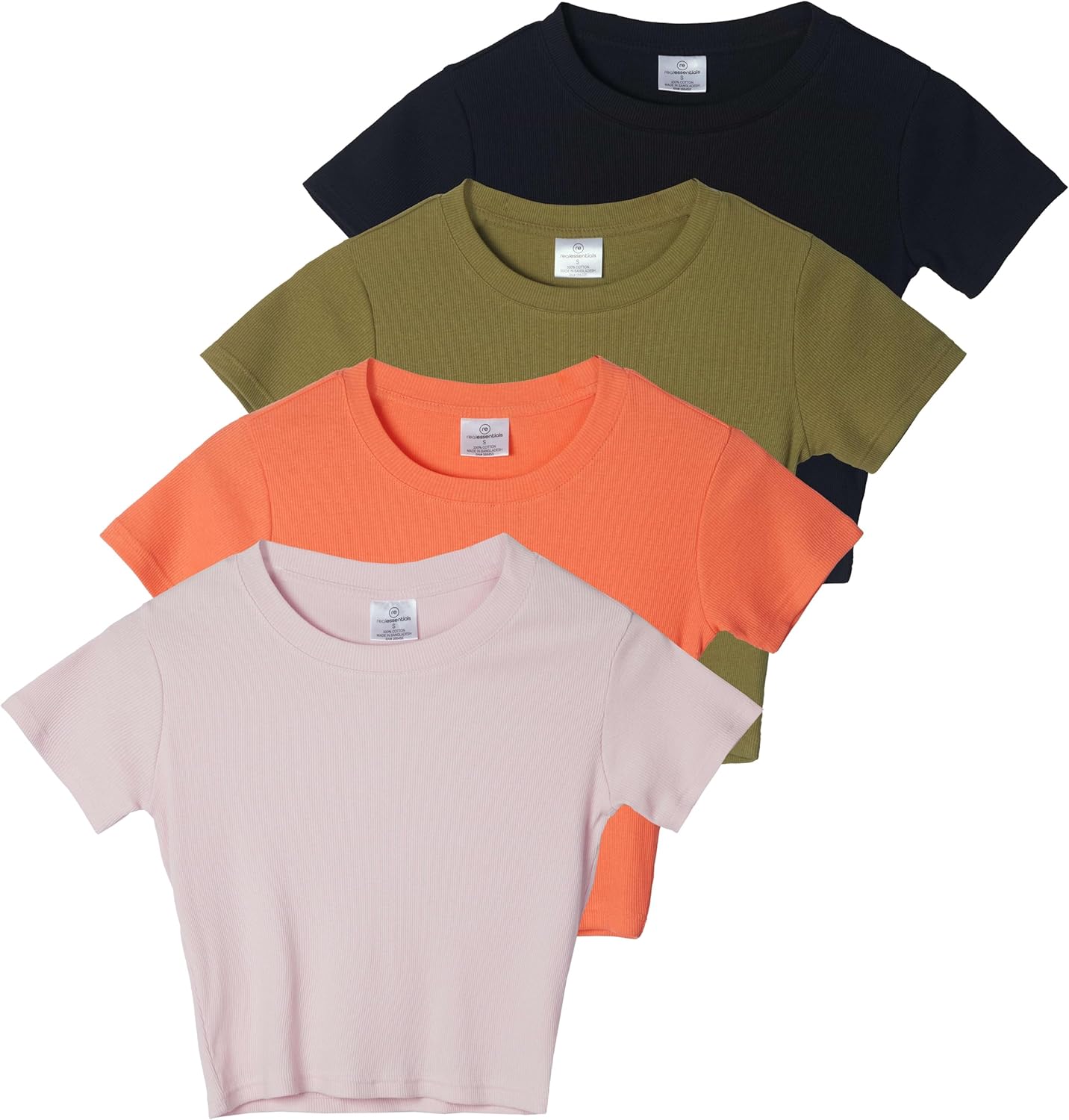 Real Essentials 4-Pack: Women's Short Sleeve Ribbed Knit Cotton Crew Neck Crop Top T-Shirt - (Available in Plus)