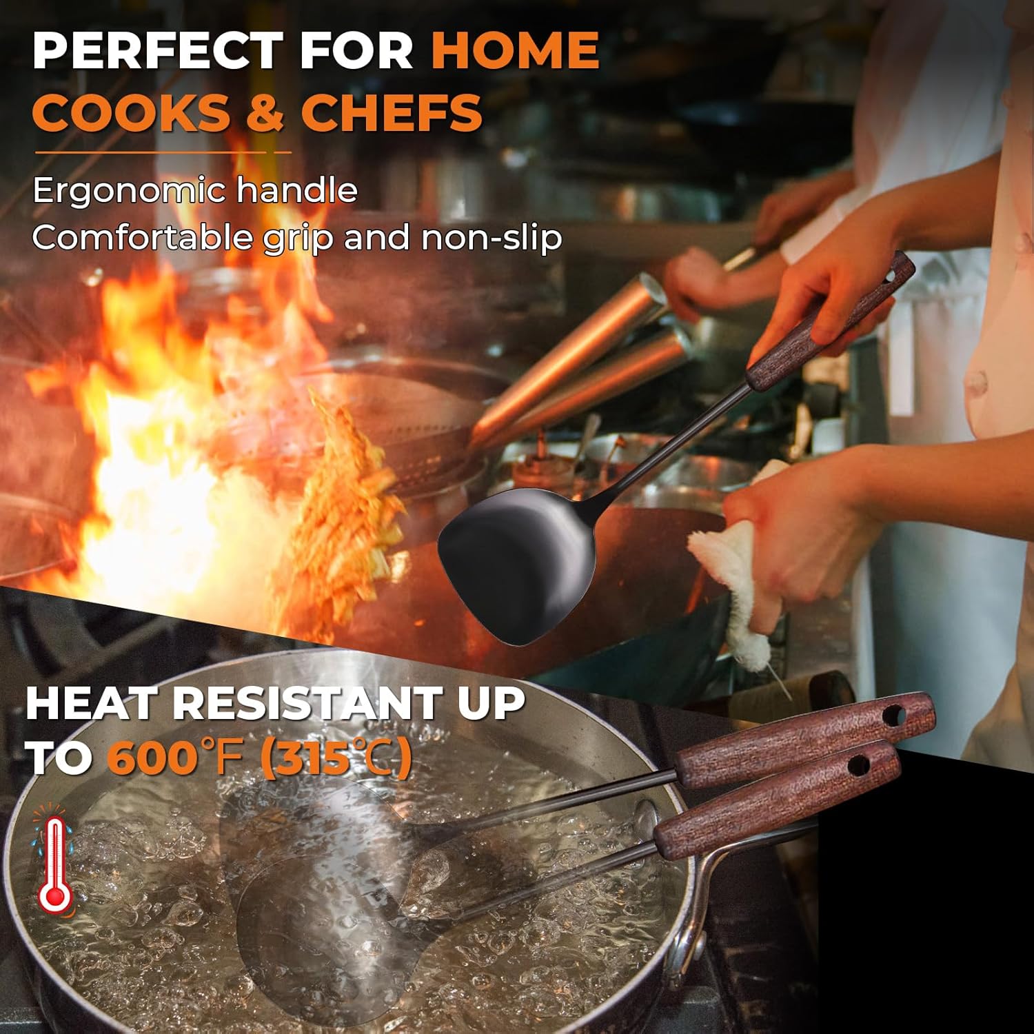 MARTE 15" Wok Spatula Turner and Ladle,Skimmer Spoon Tool Set - 18/10 Stainless Steel Vintage Cooking Utensils Set - Set of 4 High Grade Titanium Plating Kitchen Wok Utensils with Solid Wooden Handle