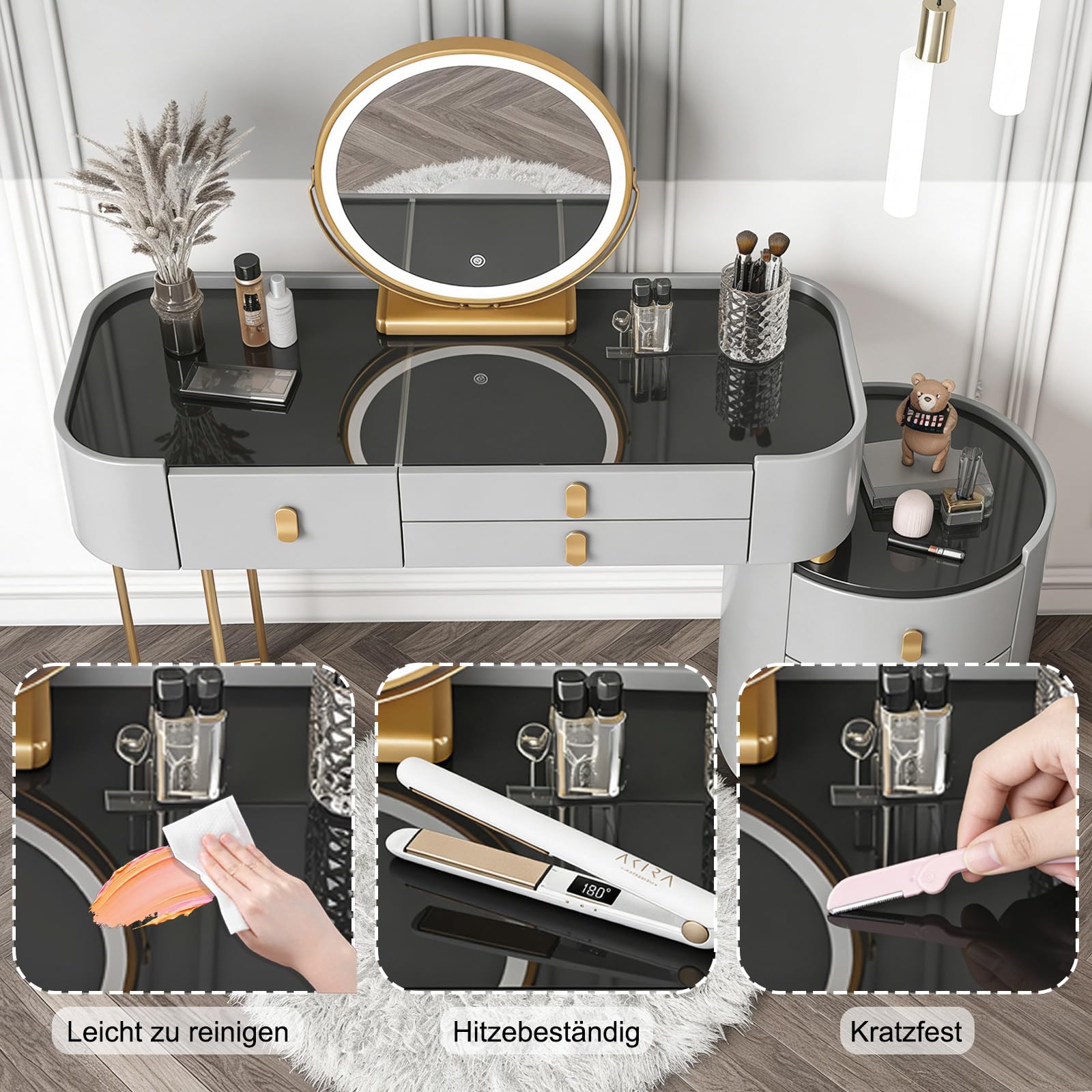 Schminktisch mit Spiegel und Stuhl, Luxuriöser Grau Frisiertisch mit Vergoldete Griffe, 100cm Kosmetiktisch mit 6 Schubladen & Seitenschrank für Schlafzimmer, PU-Leder