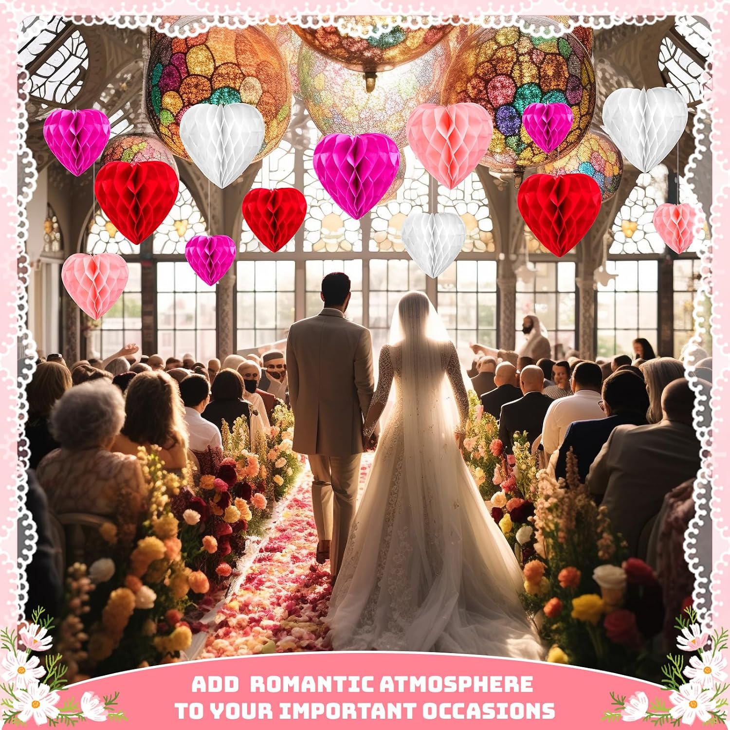 Skyygemm 48 Pcs Valentine Honeycomb Balls Tissue Paper Flower Balls Heart Shaped Rose Red White Pink Red Pom Poms Honeycomb Heart Decoration for Wedding Engagement Bridal Shower Party Supplies