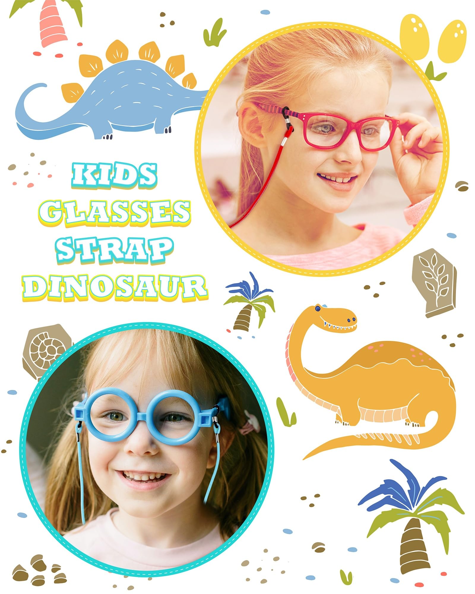 8 x Brillenriemen für Kinder, Dinosaurier-Motiv, rutschfest, dehnbares Brillenband für Jungen und Mädchen