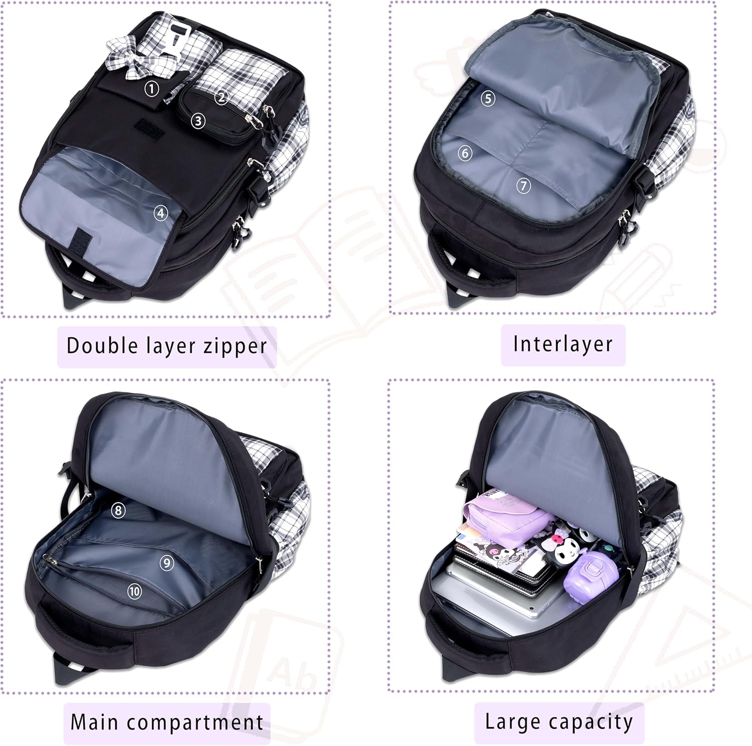 Roffatide Anime Kawaii School Backpack for Girls Boys with 21Pcs Accessories Cartoon Students Aesthetic New Semester Gifts Laptop Backpack with Cute Pins, Anti-Theft, ID Badge Holder Black B