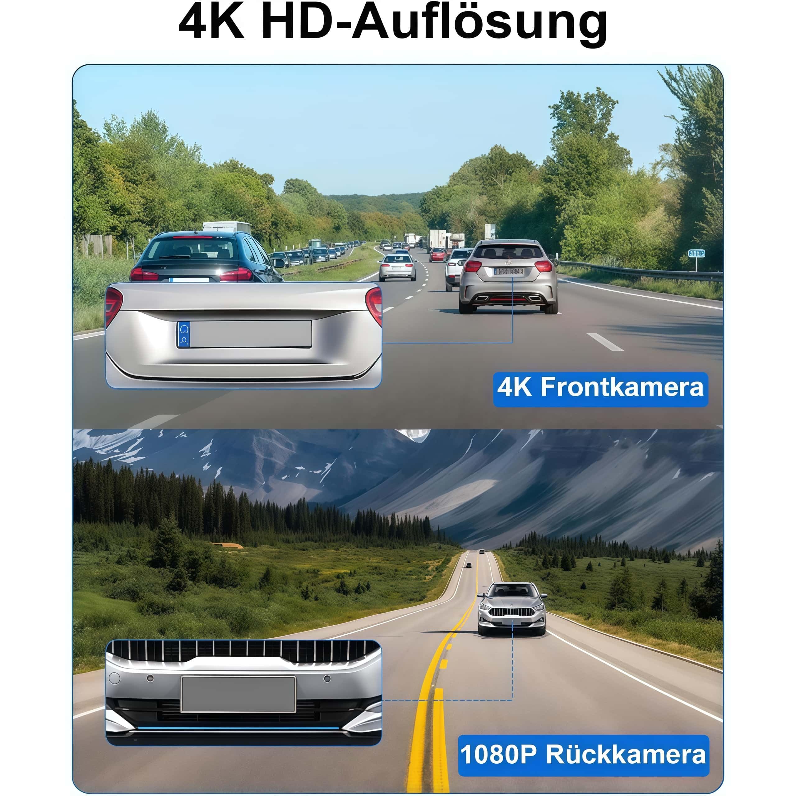 4K Dashcam mit 3,94" Bildschirm/Vorne & hinten/Autokamera mit 170° Weitwinkelansicht/Nachtsicht/Parküberwachung Vorne Und Hinten Mit Parküberwachung Für Unterwegs (Schwarz A,32G)