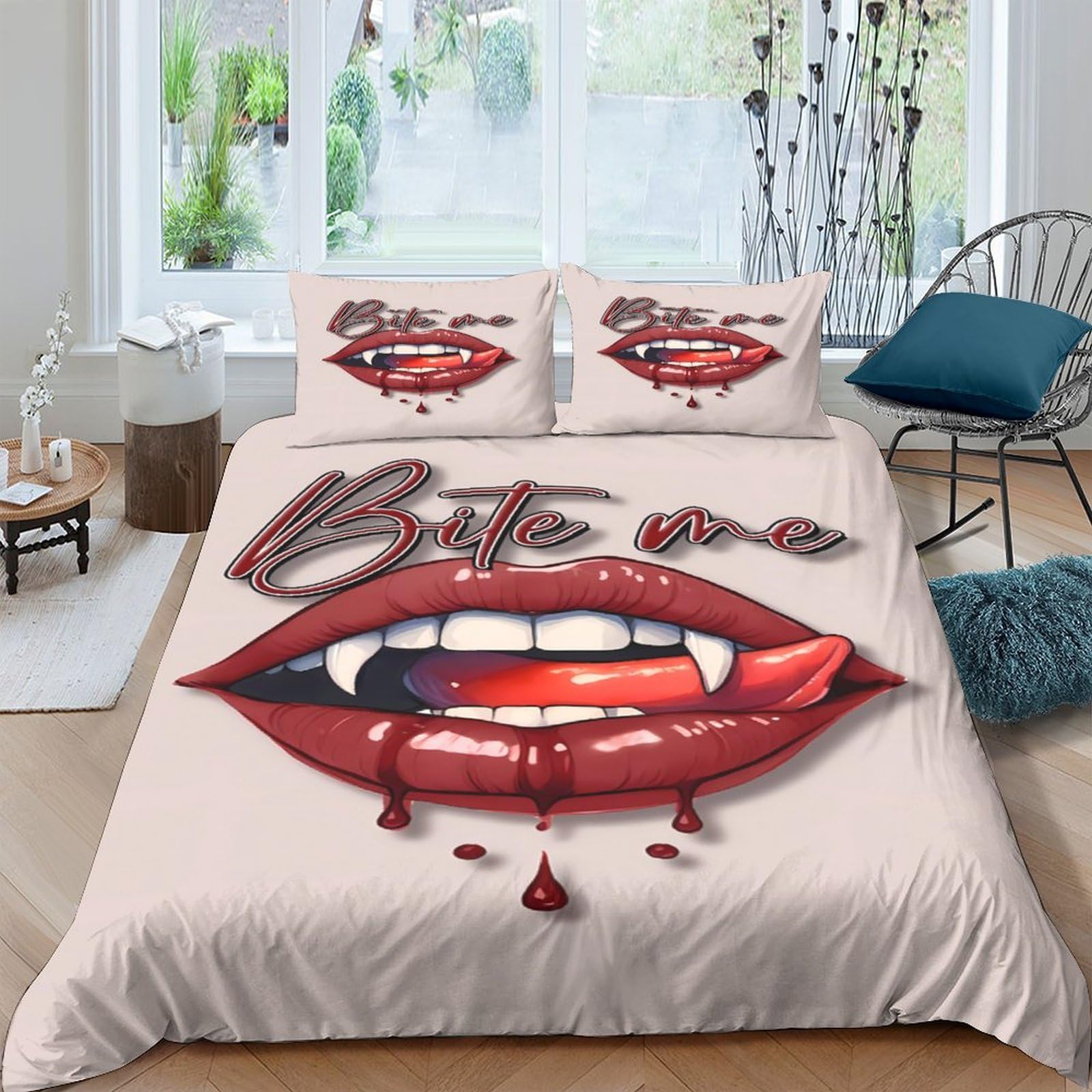 Ctjqhvkz Style-9 3D Printed Vampire Lips Fitted Sheet Microfiber Soft Red Lip Bite Bed Cover Bedroom Dorm Mattress Protection Decor Single（135X200cm）