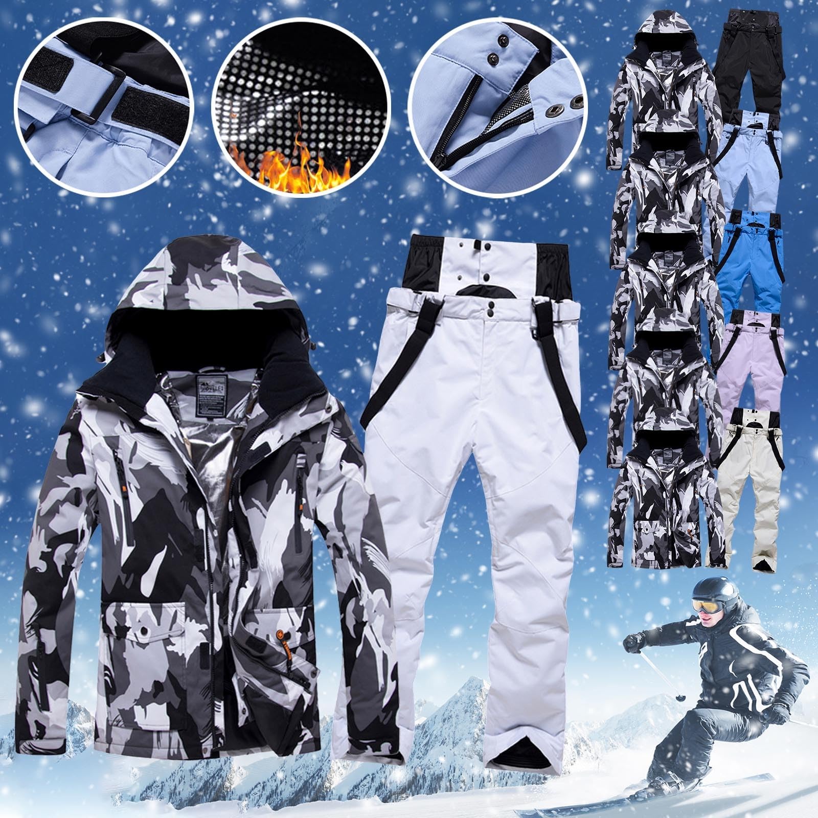Traje de Nieve para Hombre Conjunto de Chaqueta y Pantalones de Esquí Cálida Invierno Abrigo de Nieve Cálido Conjunto para Esquí Senderismo Escalada Snowboard Aislado