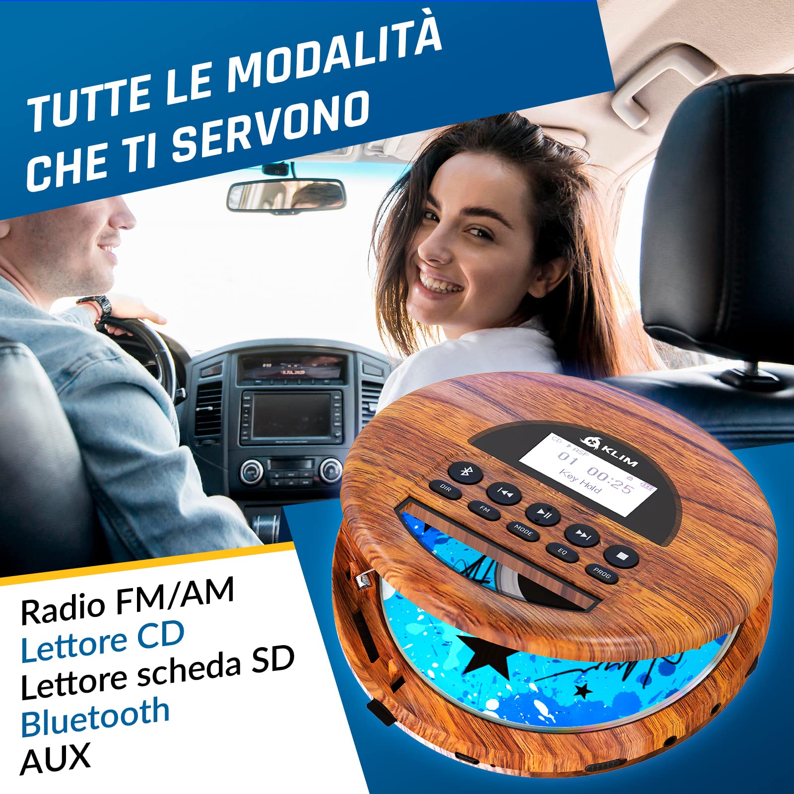 KLIM Nomad Wood - Lettore cd portatile - Batteria a Lunga Durata - Include Auricolari KLIM Fusion - CD-R, CD-RW, MP3 - Lettore SD, Radio FM, Bluetooth - Ideale per Auto - Hi-Fi - Nuovo