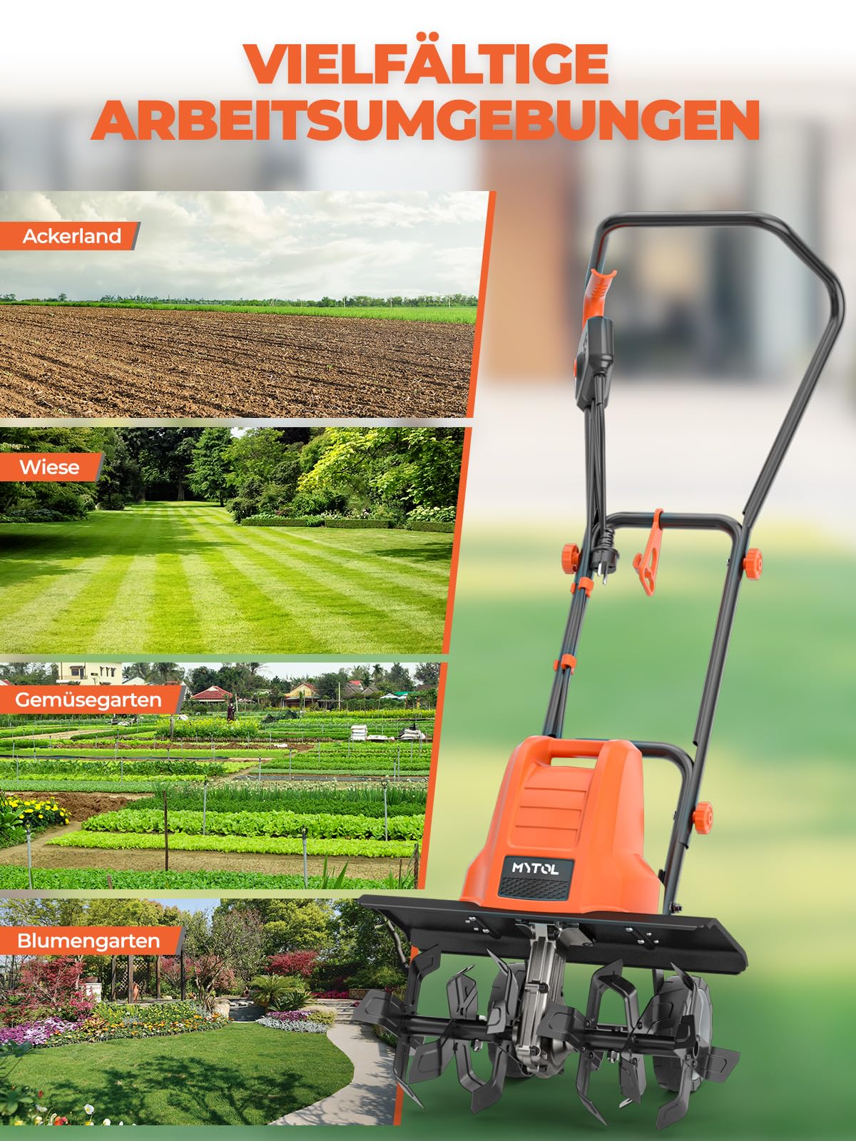 MYTOL 1500W Motorhacke Elektrisch, 45cm Arbeitsbreite, 22cm Arbeitstiefe, Leichtgewichts-gartenfräse mit 6×4 Robuste Stahlzinken, Klappbarer Griff, Doppelter Sicherheitsknopf, Überhitzungsschutz