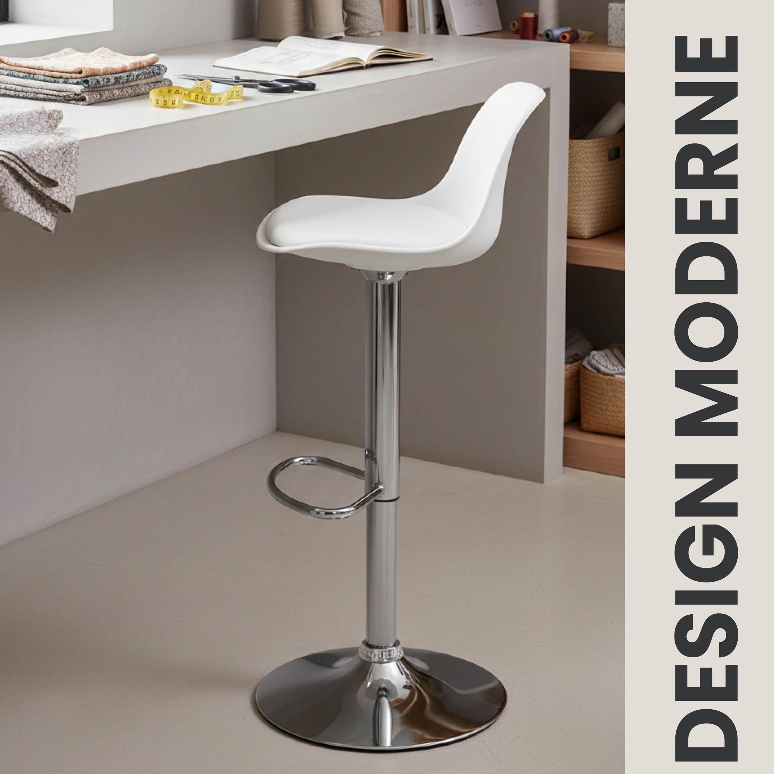 Vaukura Taburete de Bar Juego de 2 | Taburetes Regulables en Altura en Piel Sintética Blanco | Taburete de Cocina Giratorio 360° | Base de Acero Cromado con reposapiés Estilo Moderno Cocina y Barra