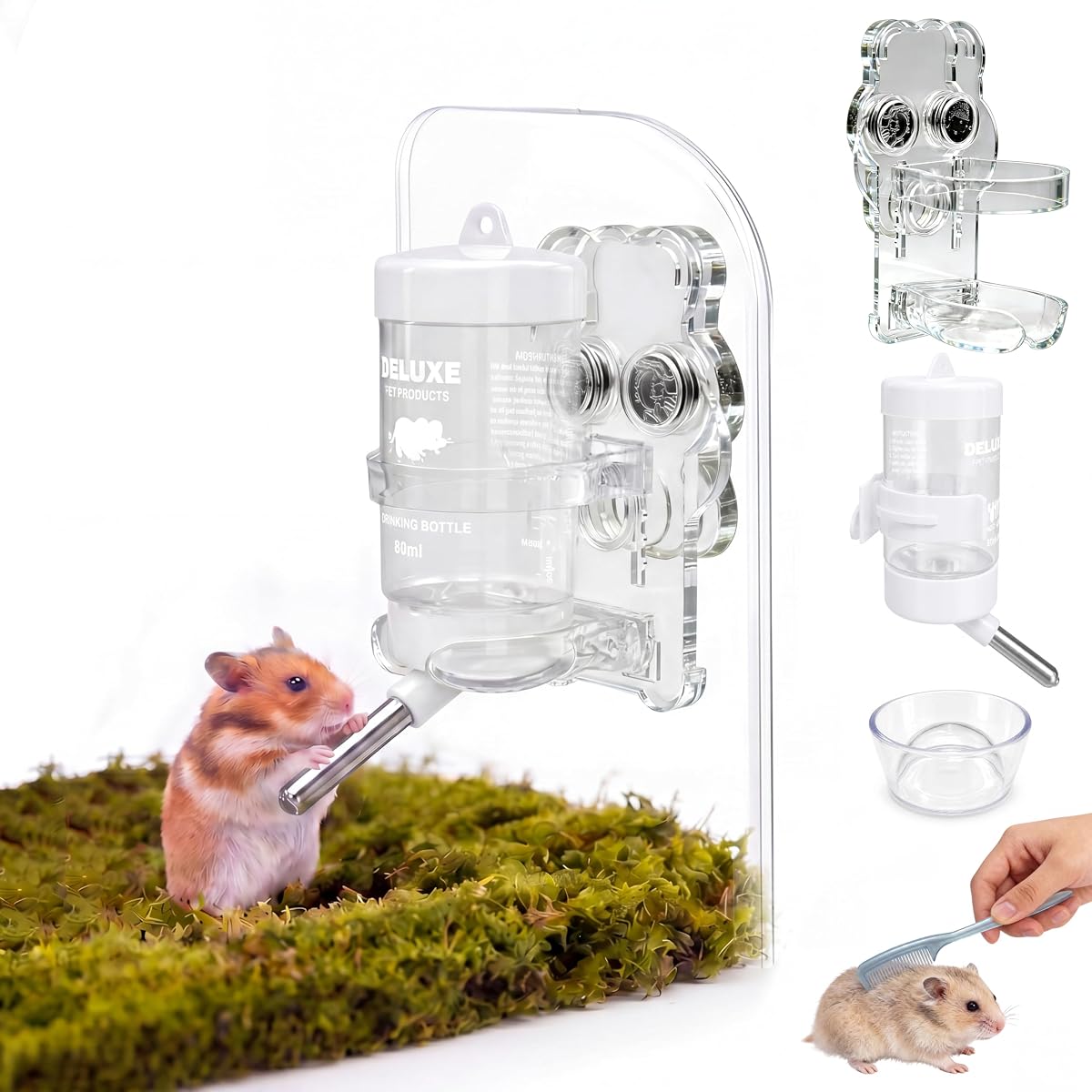Magnetic Hamster Water Bottle Holder, 80ml Bottle & Feeding Bowl | Adjustable Height, Drop-Resistant Magnetic Mount, Suitable for Hamsters, Gerbils, Mice & Small Pets