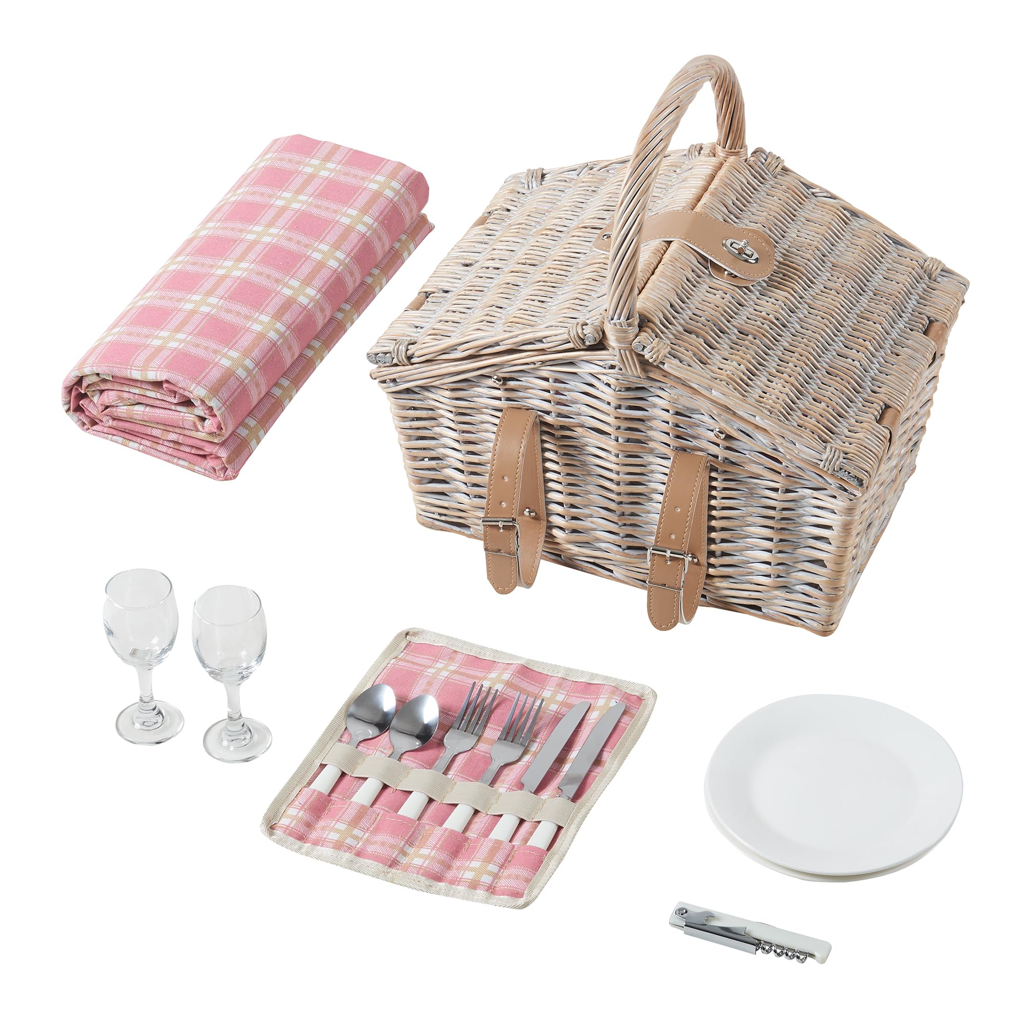 casa.pro Cestino da Picnic per 2 Persone in Vimini con Accessori Set Completo con Piatti Posate Bicchieri Cavatappi e Coperta Design Classico con Chiusura a Fibbie